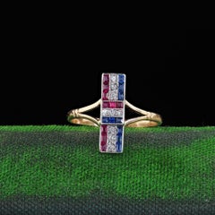 Antique Art Deco 14K Gold and Platinum Diamond Ruby Sapphire Bar Ring