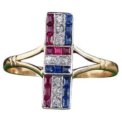 Antique Art Deco 14K Gold and Platinum Diamond Ruby Sapphire Bar Ring