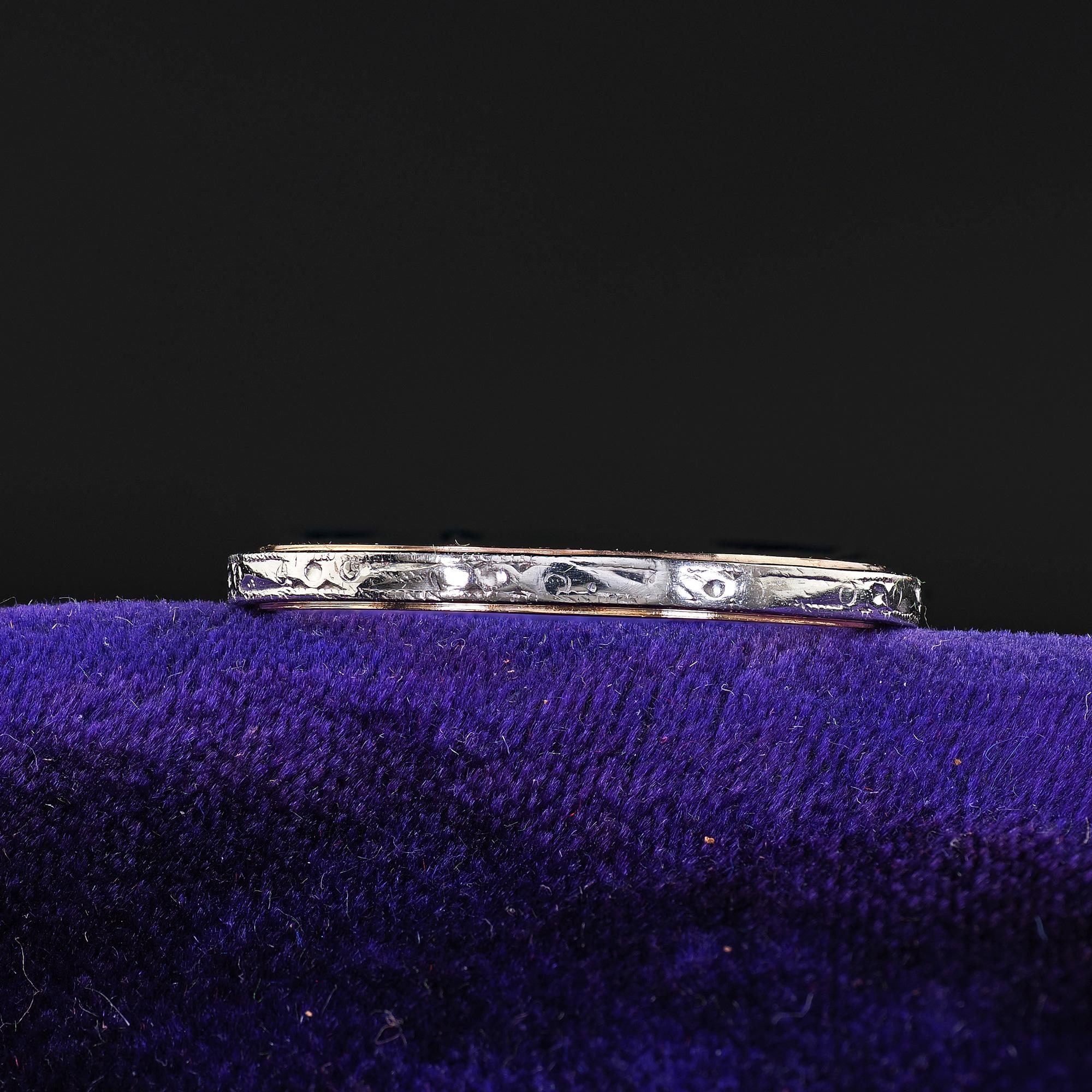 Beautiful Antique Art Deco 14K Gold and Platinum Engraved Wedding Band Ring - Size 6 3/4. This beautiful Art Deco engraved wedding band is crafted in 14k yellow gold and platinum. The ring features beautiful engravings going around the entire ring