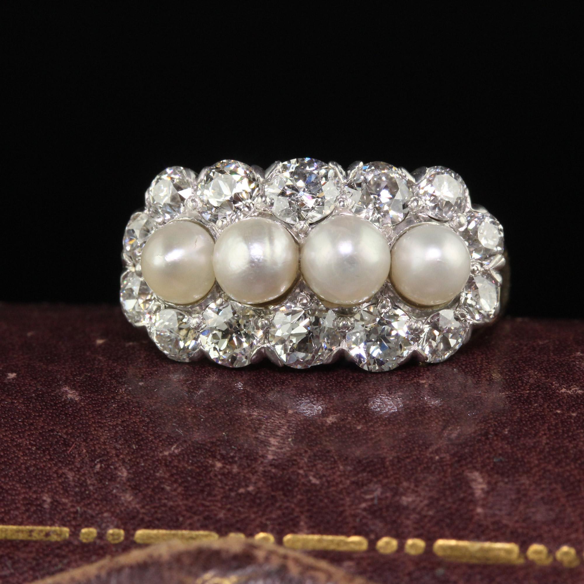 Beautiful Antique Art Deco 14K Gold and Platinum Old Euro Diamond and Pearl Cocktail Ring. This gorgeous antique cocktail ring is crafted in 14k yellow gold and platinum. The center row has natural pearls and is surrounded by a row of beautiful old