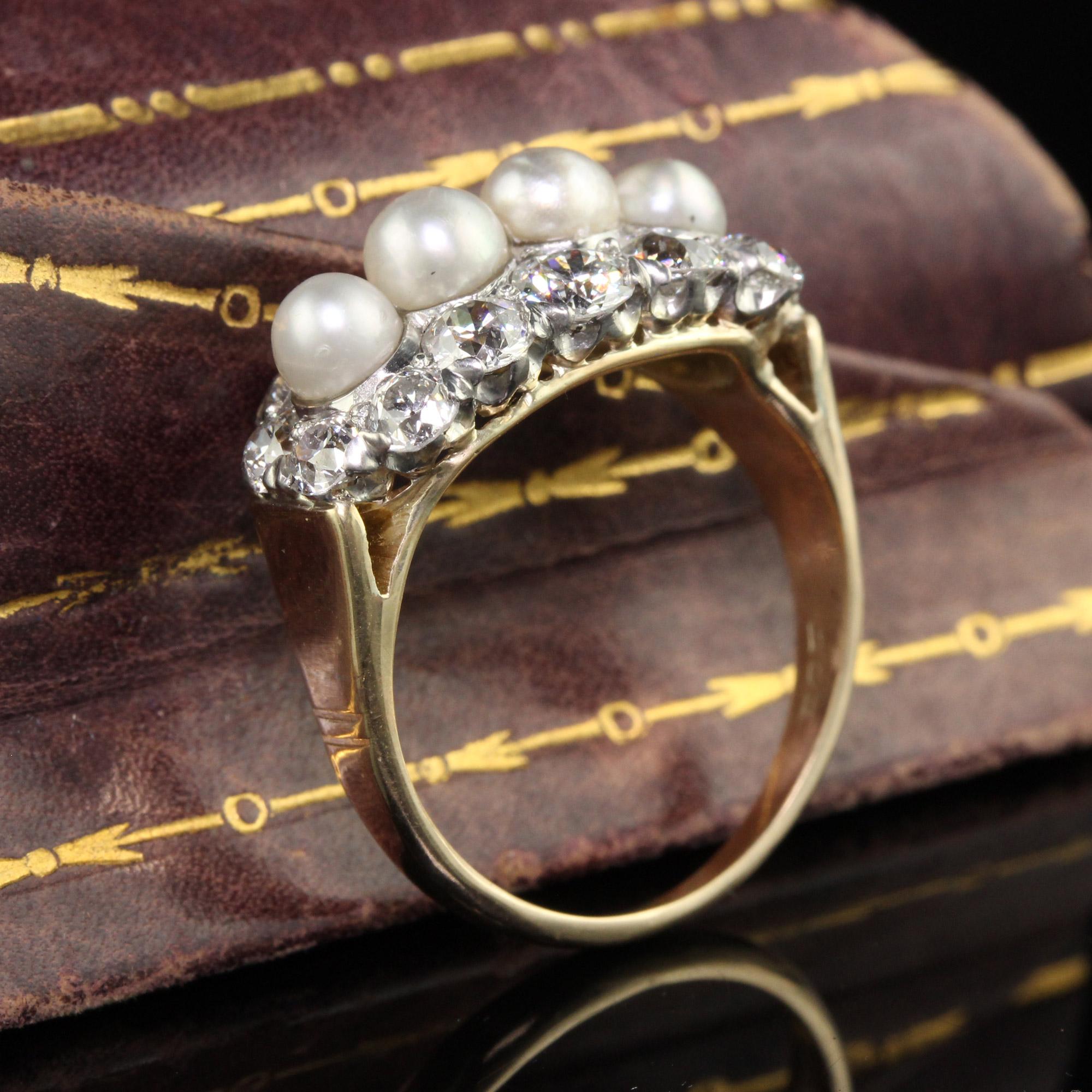 Old European Cut Antique Art Deco 14K Gold and Platinum Old Euro Diamond and Pearl Cocktail Ring For Sale