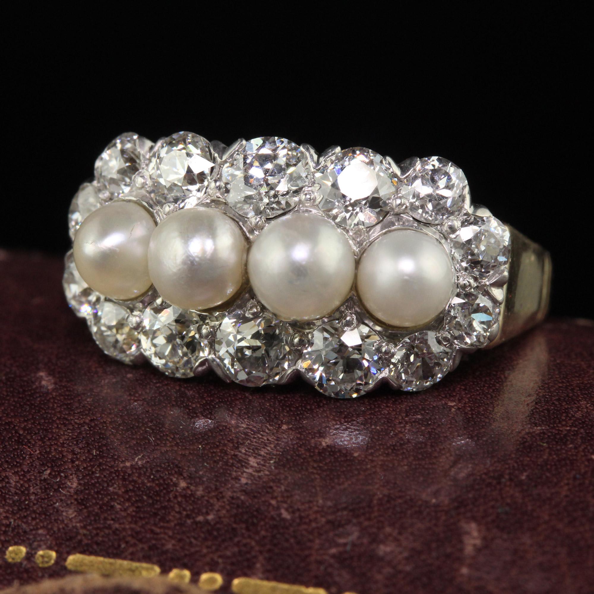 Antique Art Deco 14K Gold and Platinum Old Euro Diamond and Pearl Cocktail Ring In Good Condition For Sale In Great Neck, NY