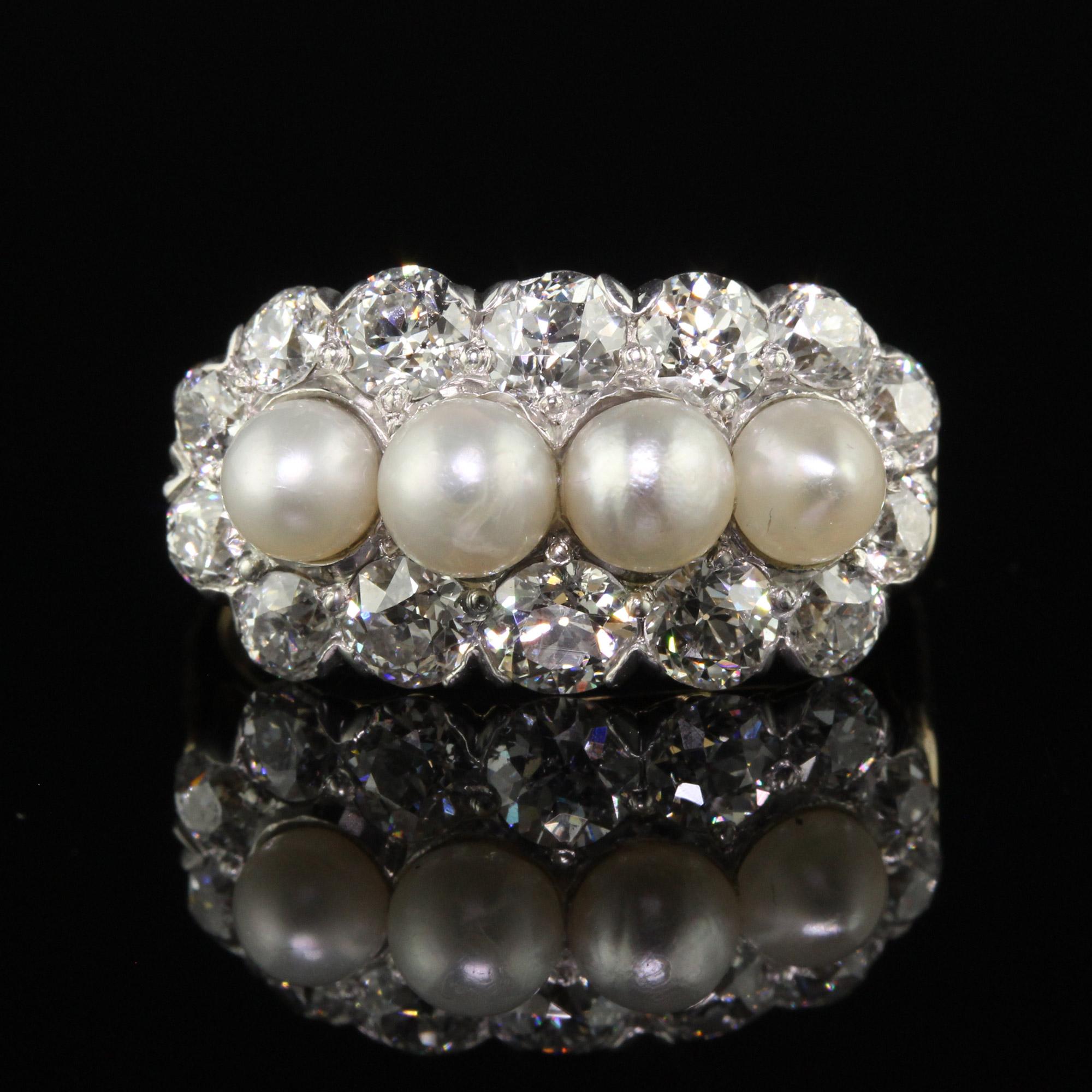 Women's Antique Art Deco 14K Gold and Platinum Old Euro Diamond and Pearl Cocktail Ring For Sale