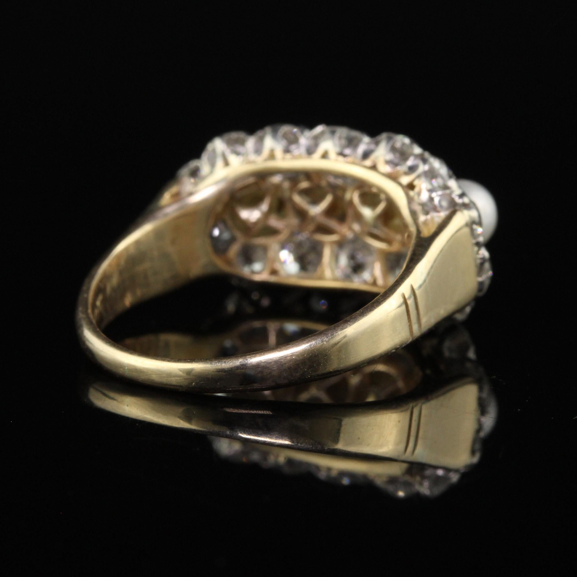Antique Art Deco 14K Gold and Platinum Old Euro Diamond and Pearl Cocktail Ring For Sale 1