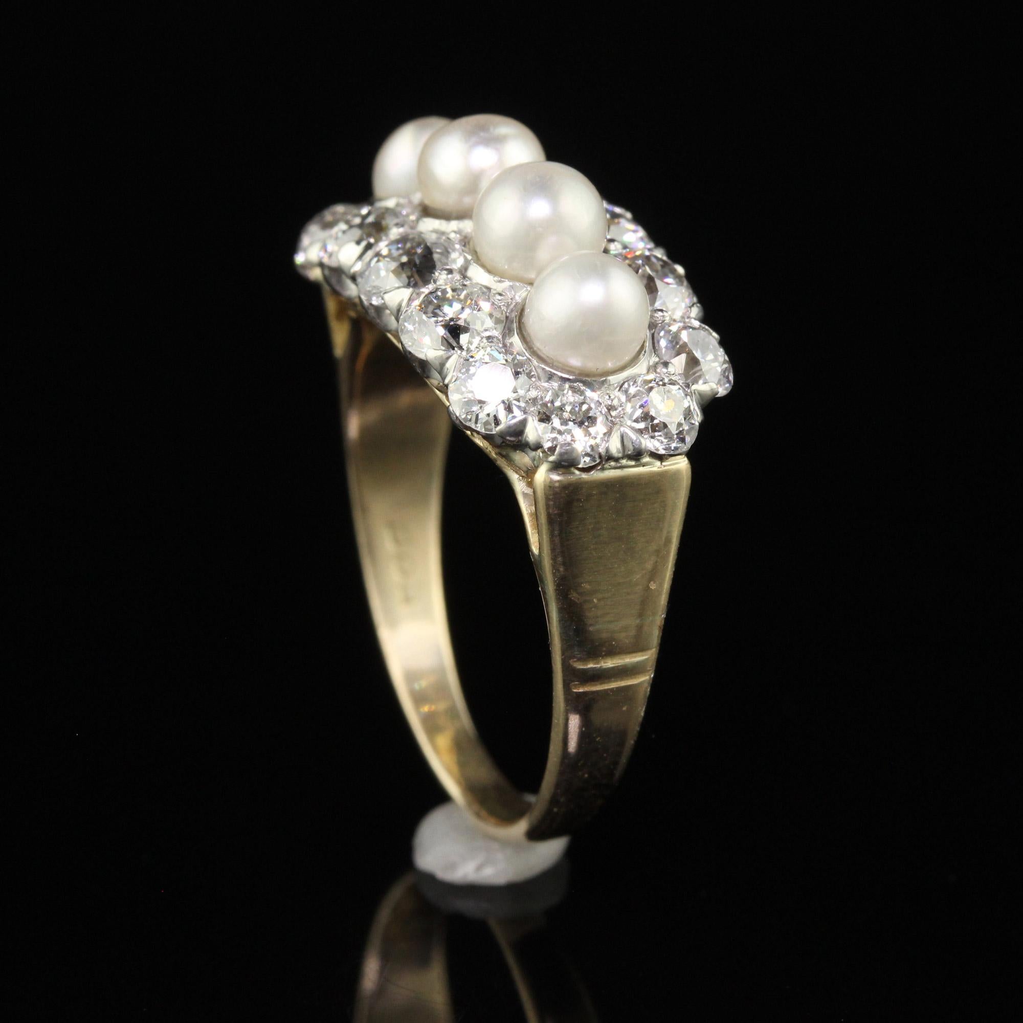 Antique Art Deco 14K Gold and Platinum Old Euro Diamond and Pearl Cocktail Ring For Sale 2