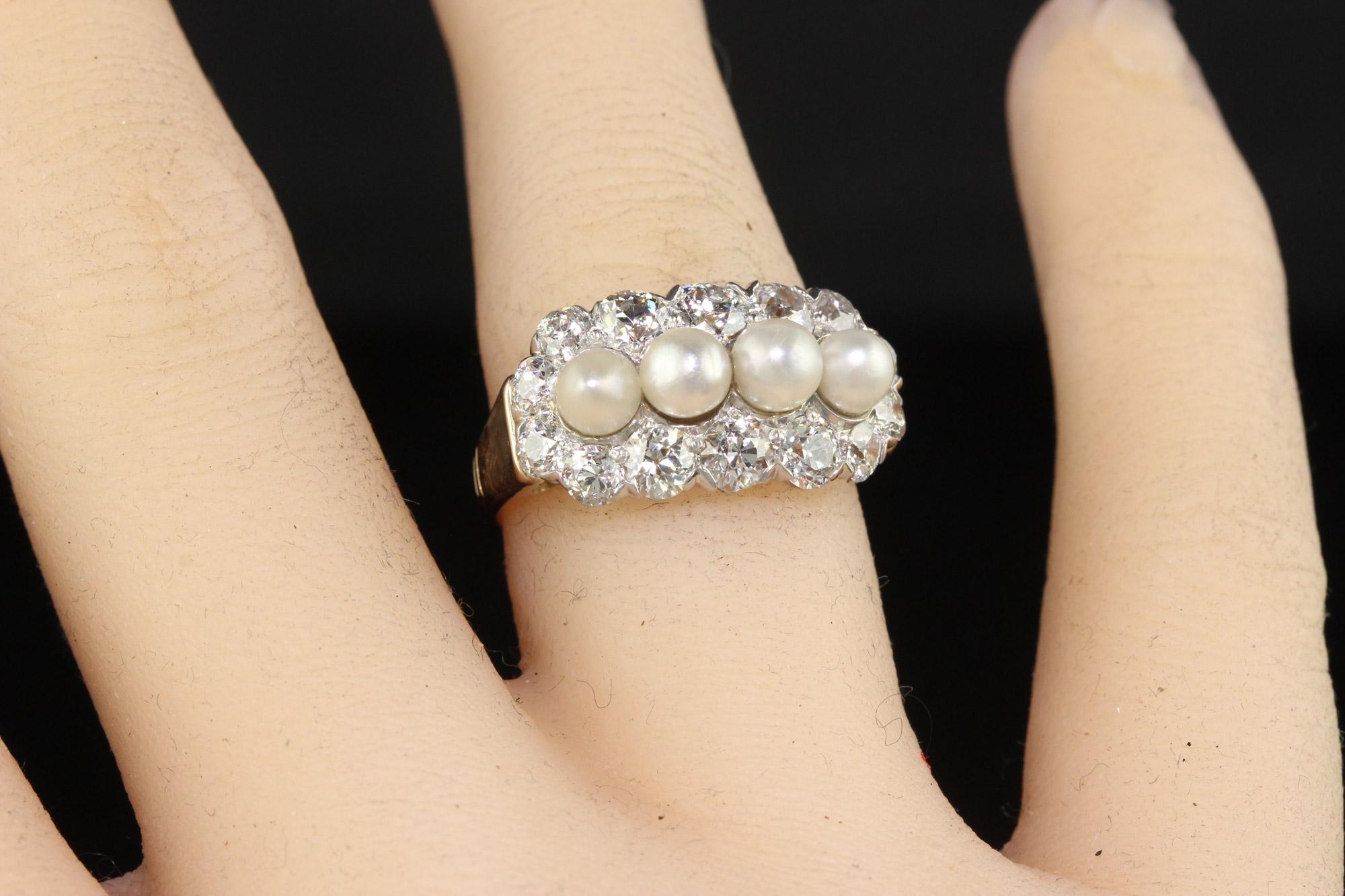 Antique Art Deco 14K Gold and Platinum Old Euro Diamond and Pearl Cocktail Ring For Sale 3