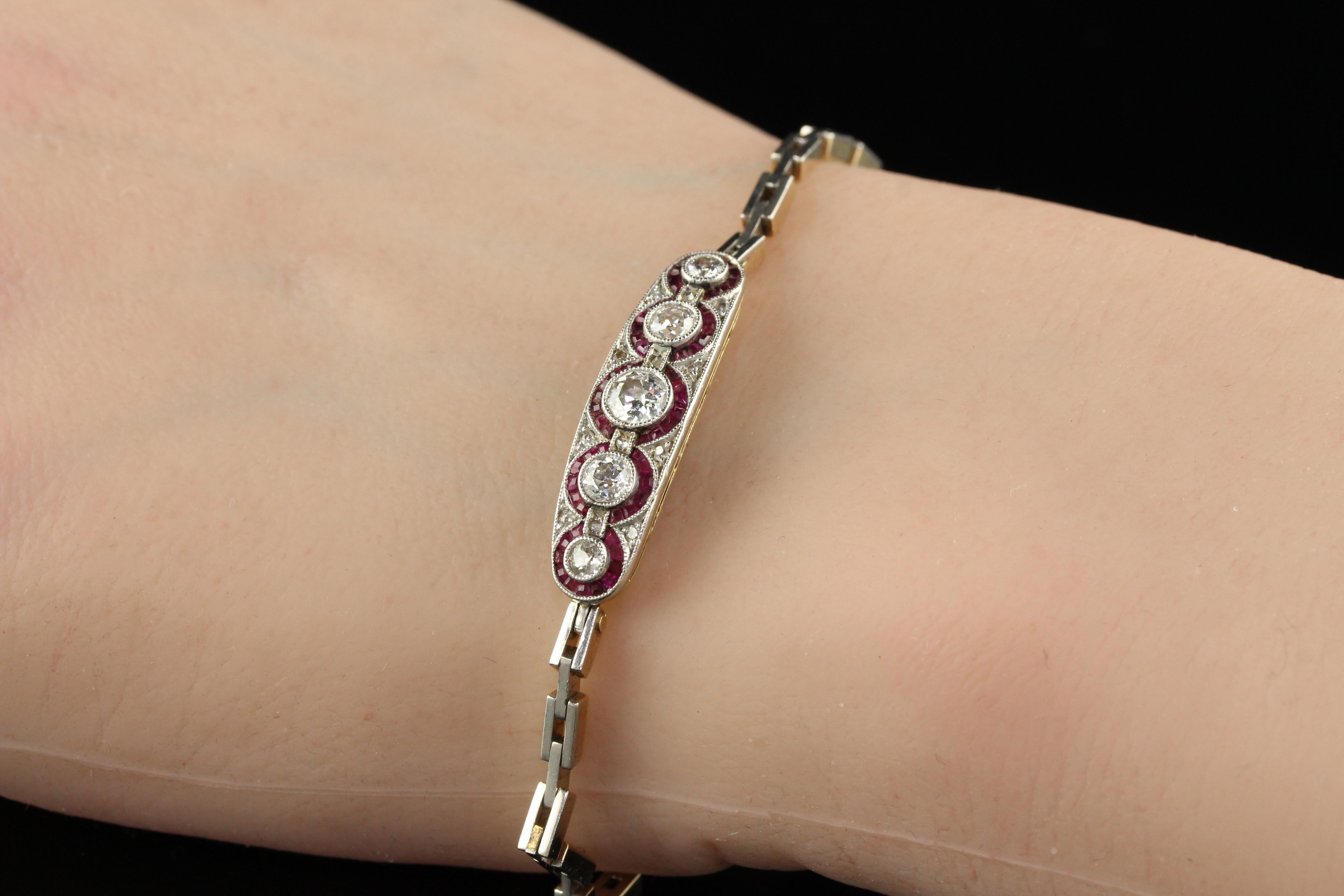 Antique Art Deco 14K Gold and Platinum Old European Diamond Ruby Bracelet For Sale 5