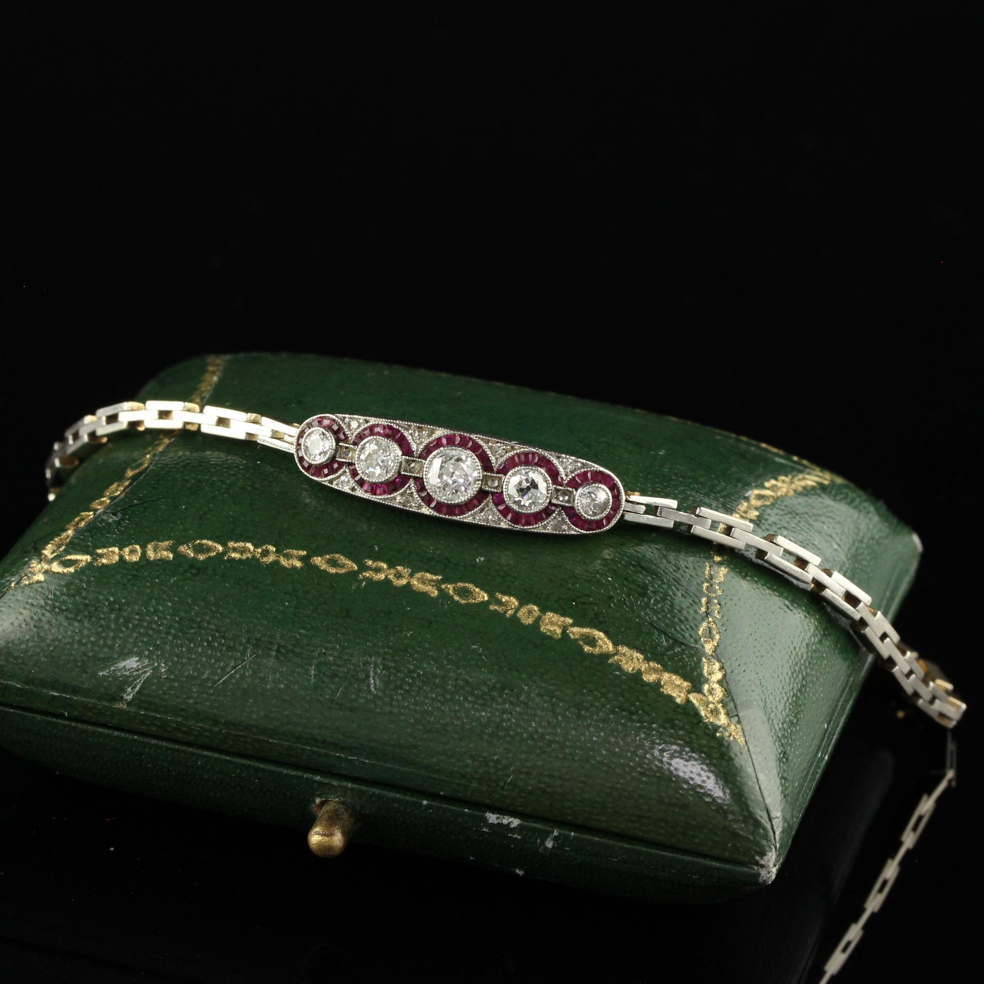 Beautiful Antique Art Deco 14K Gold and Platinum Old European Diamond Ruby Bracelet. This gorgeous Art Deco diamond and ruby bracelet is crafted in 14k yellow gold and platinum top. This bracelet features rose cut diamonds, old European diamonds and