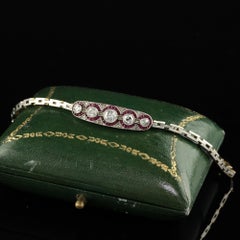 Antigua pulsera Art Decó de oro de 14 quilates y platino con diamantes y rubíes de la Vieja Europa