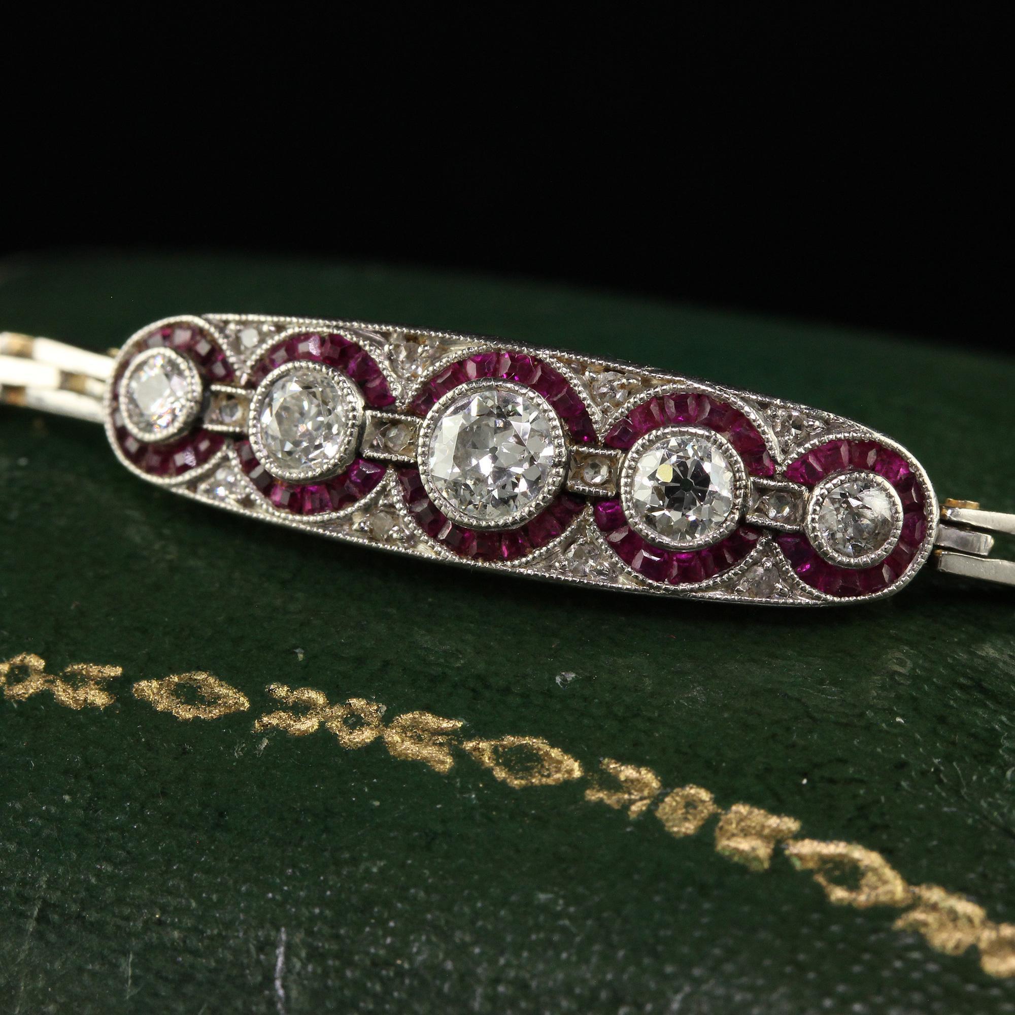 Old European Cut Antique Art Deco 14K Gold and Platinum Old European Diamond Ruby Bracelet For Sale