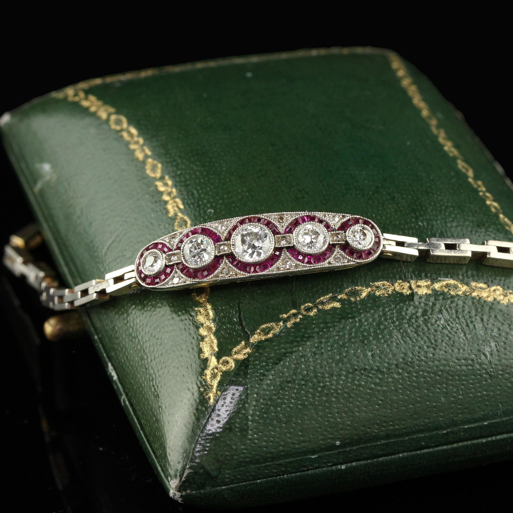 Antique Art Deco 14K Gold and Platinum Old European Diamond Ruby Bracelet In Good Condition For Sale In Great Neck, NY