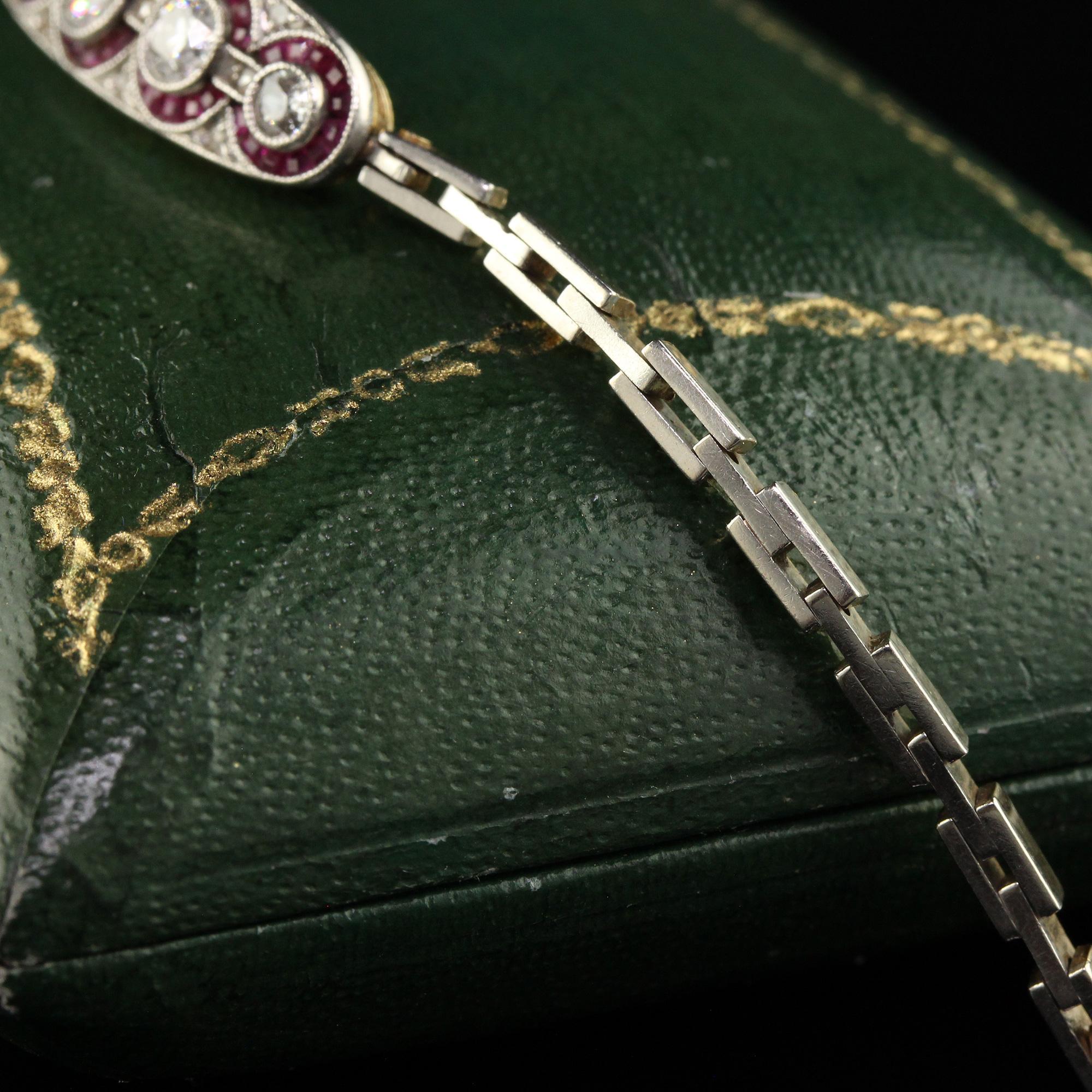 Antique Art Deco 14K Gold and Platinum Old European Diamond Ruby Bracelet For Sale 1