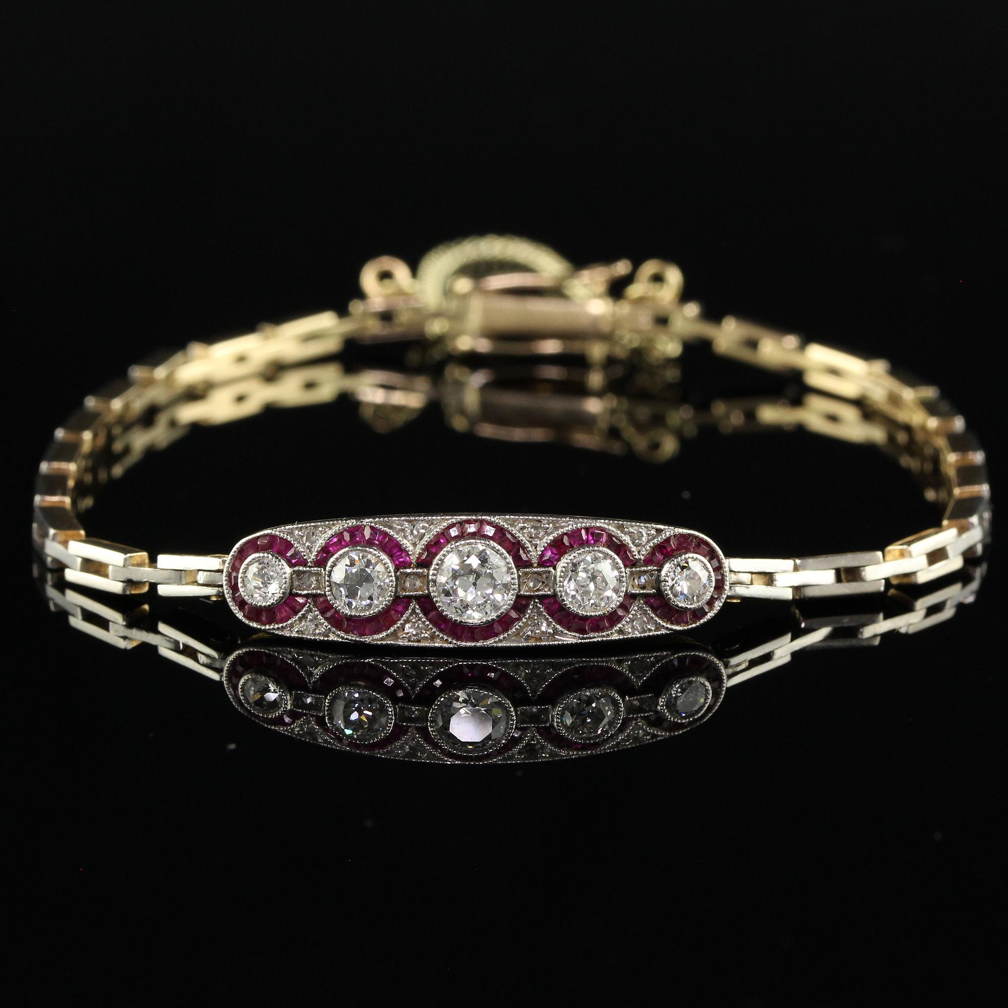 Antique Art Deco 14K Gold and Platinum Old European Diamond Ruby Bracelet For Sale 2