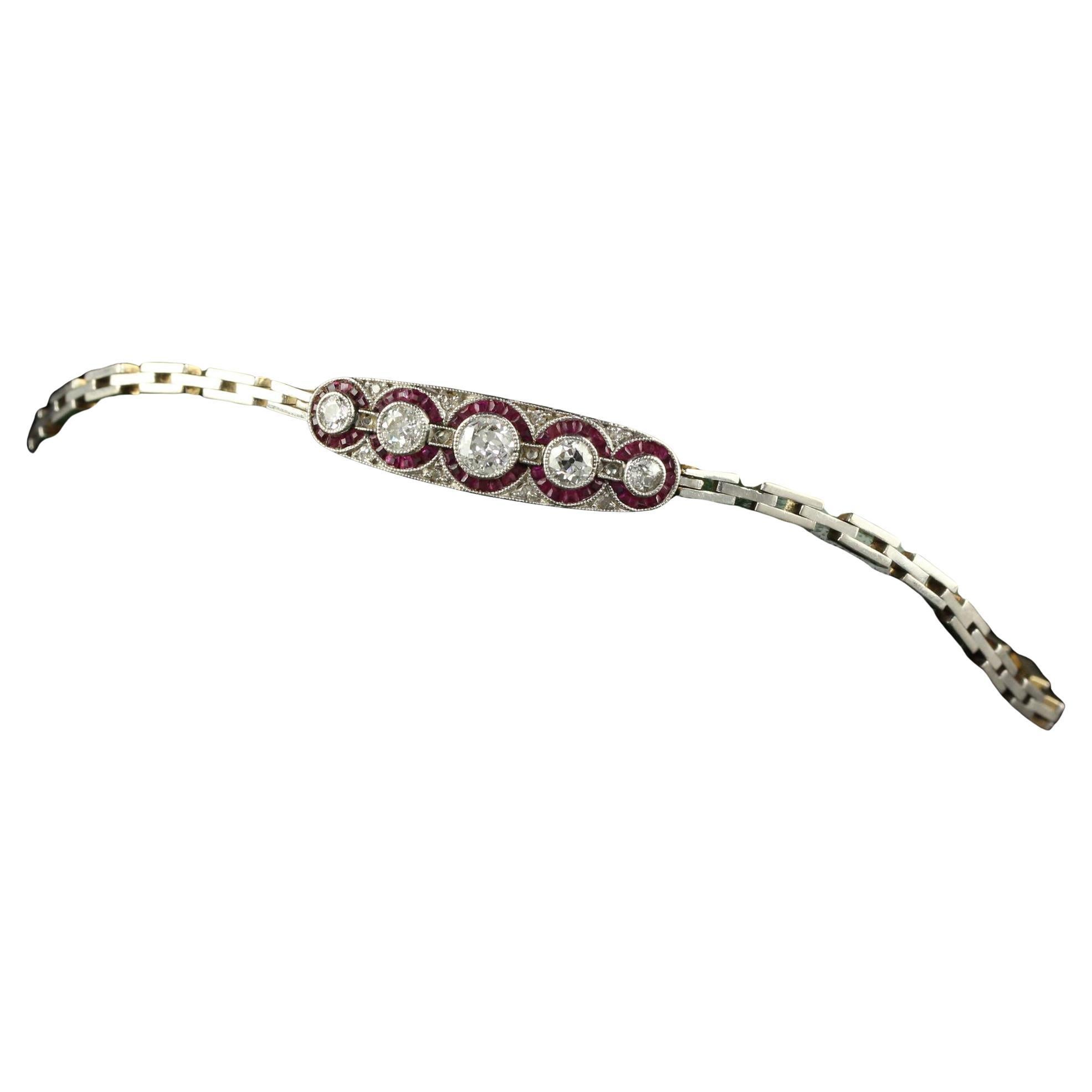 Antique Art Deco 14K Gold and Platinum Old European Diamond Ruby Bracelet