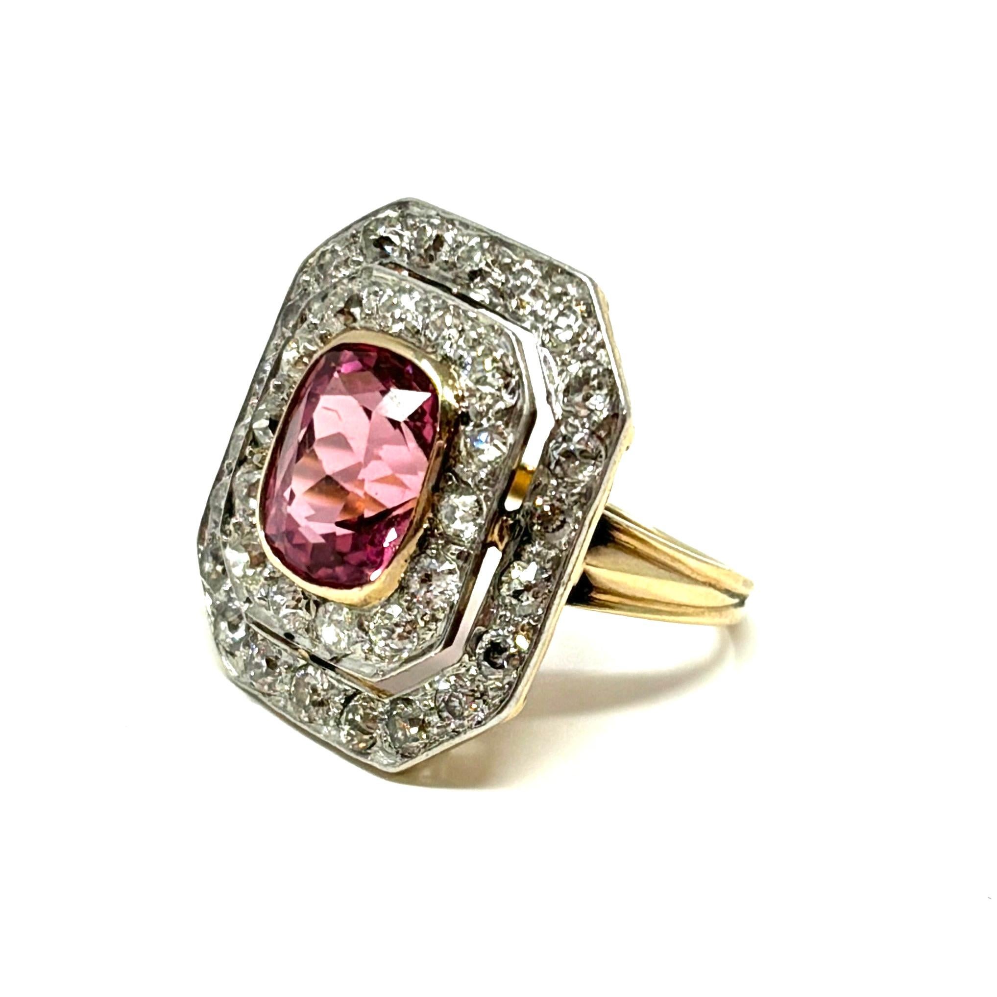 Antique Art Deco 14K Gold and Platinum Pink Tourmaline and Diamond Ring In Good Condition For Sale In New Orleans, LA