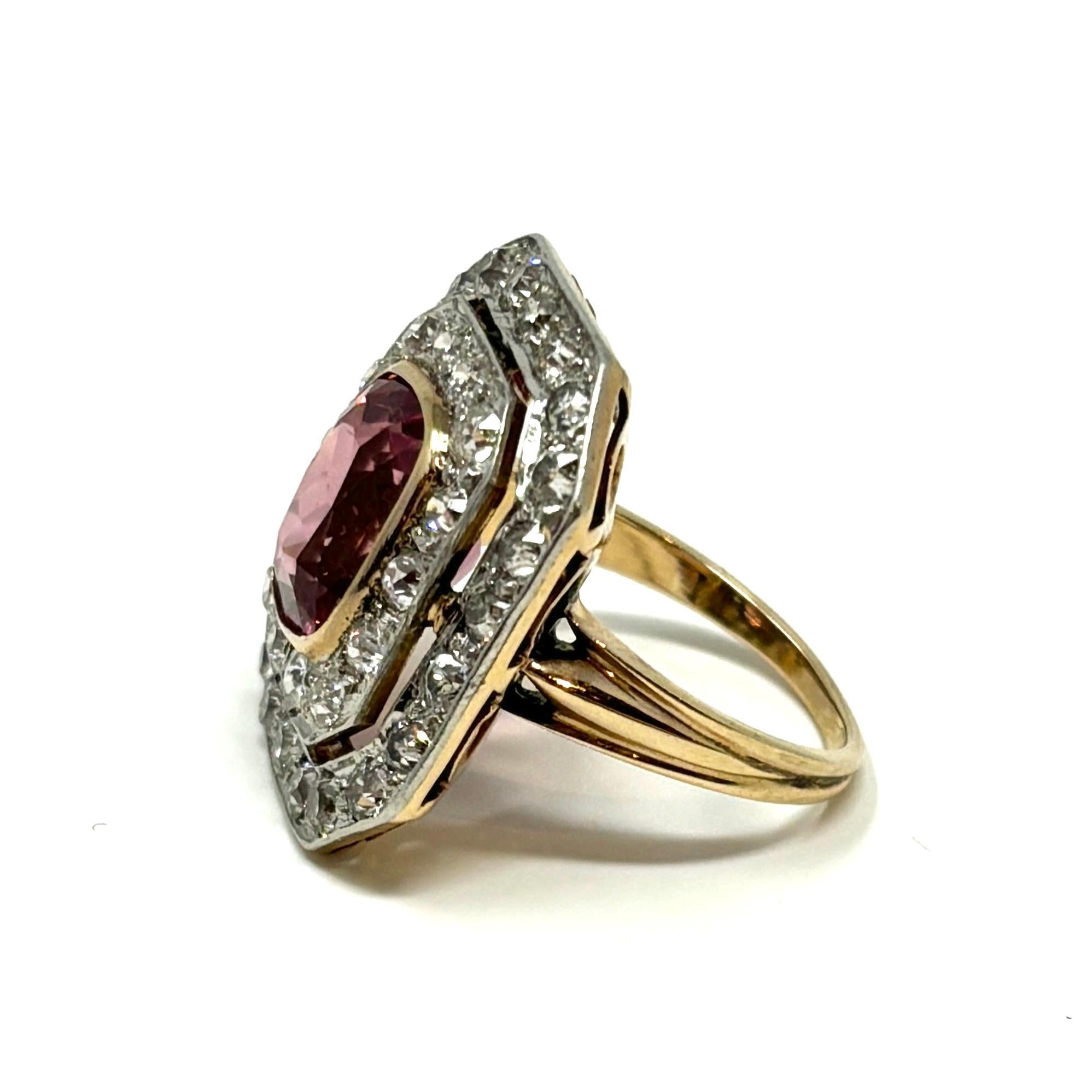 Women's or Men's Antique Art Deco 14K Gold and Platinum Pink Tourmaline and Diamond Ring For Sale