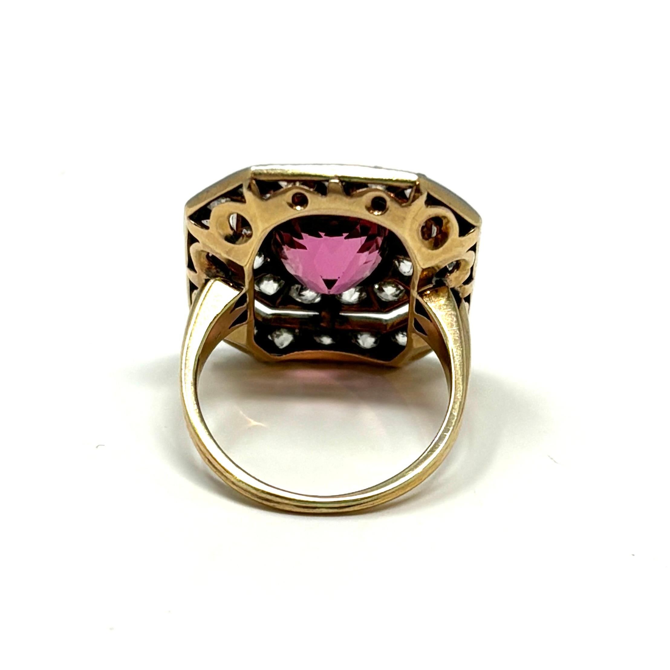 Antique Art Deco 14K Gold and Platinum Pink Tourmaline and Diamond Ring For Sale 2
