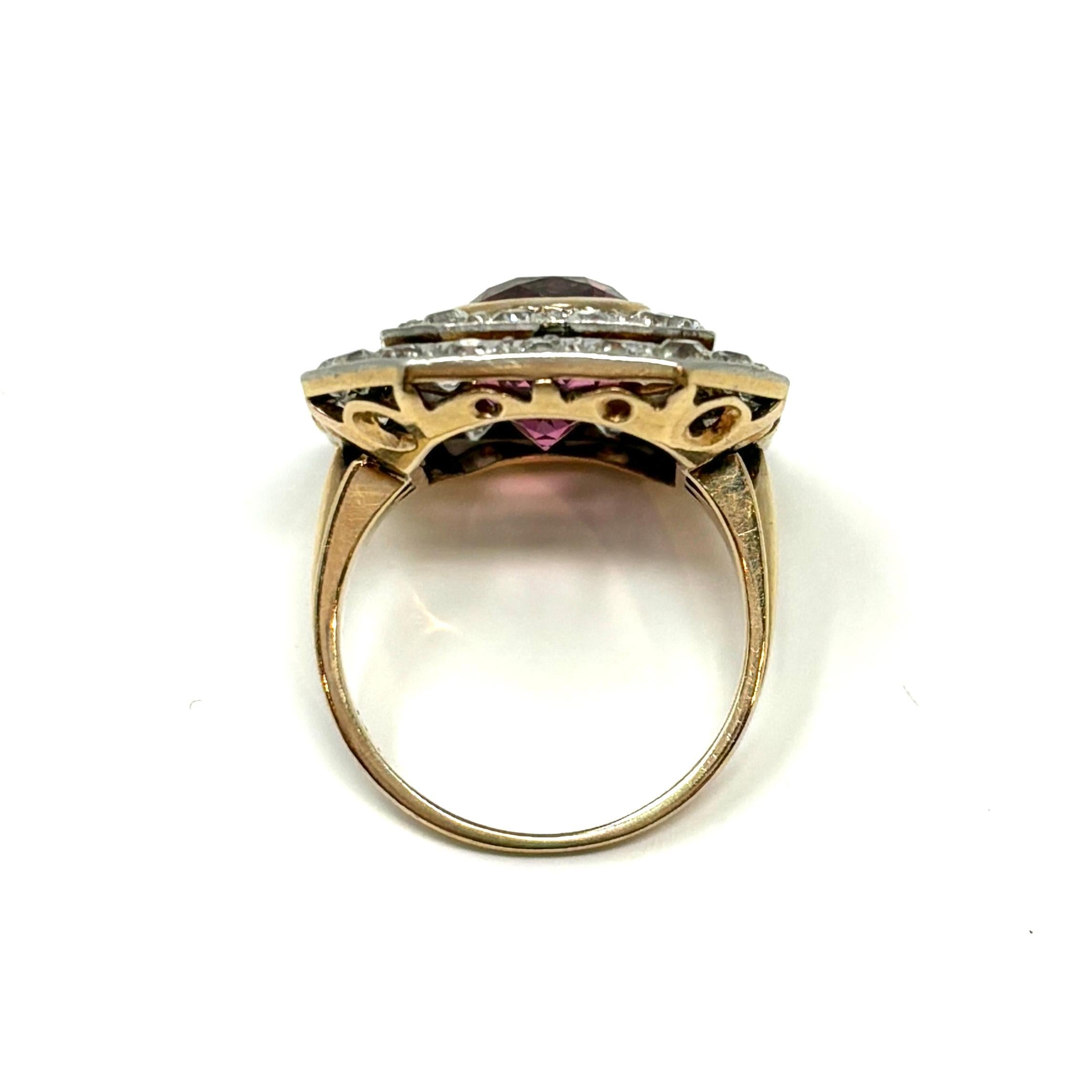 Antique Art Deco 14K Gold and Platinum Pink Tourmaline and Diamond Ring For Sale 3