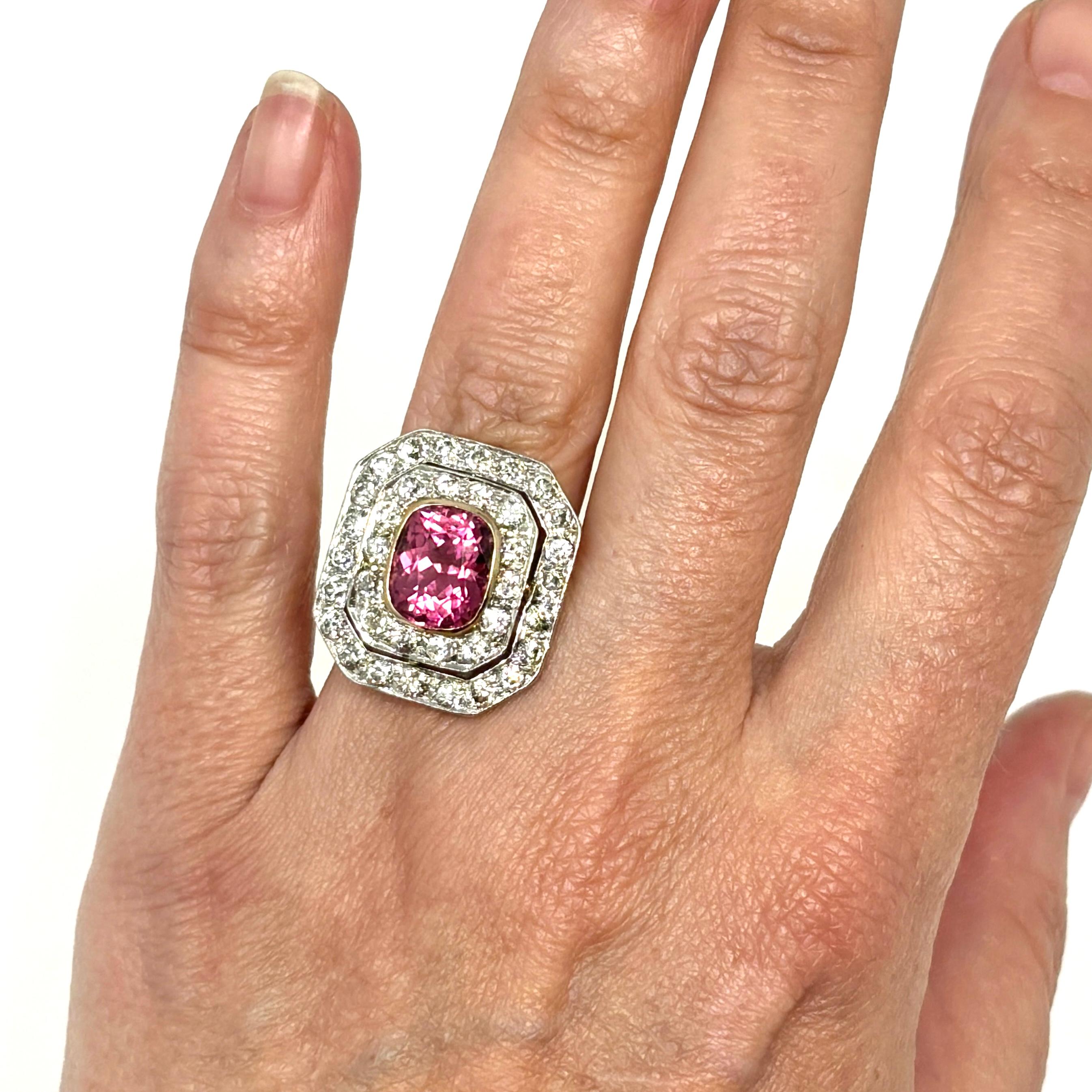 Antique Art Deco 14K Gold and Platinum Pink Tourmaline and Diamond Ring For Sale 4