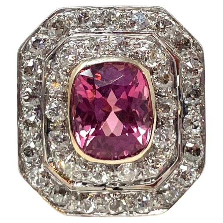 Antiguo Anillo Art Decó de Oro de 14K y Platino con Turmalina Rosa y Diamantes