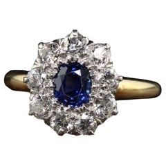 Antique Art Deco 14K Gold and Platinum Sapphire Diamond Cluster Engagement Ring