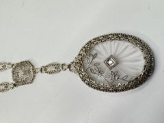 Antique Art Deco 14k Gold Camphor Glass Diamond Filigree Link Pendant Necklace