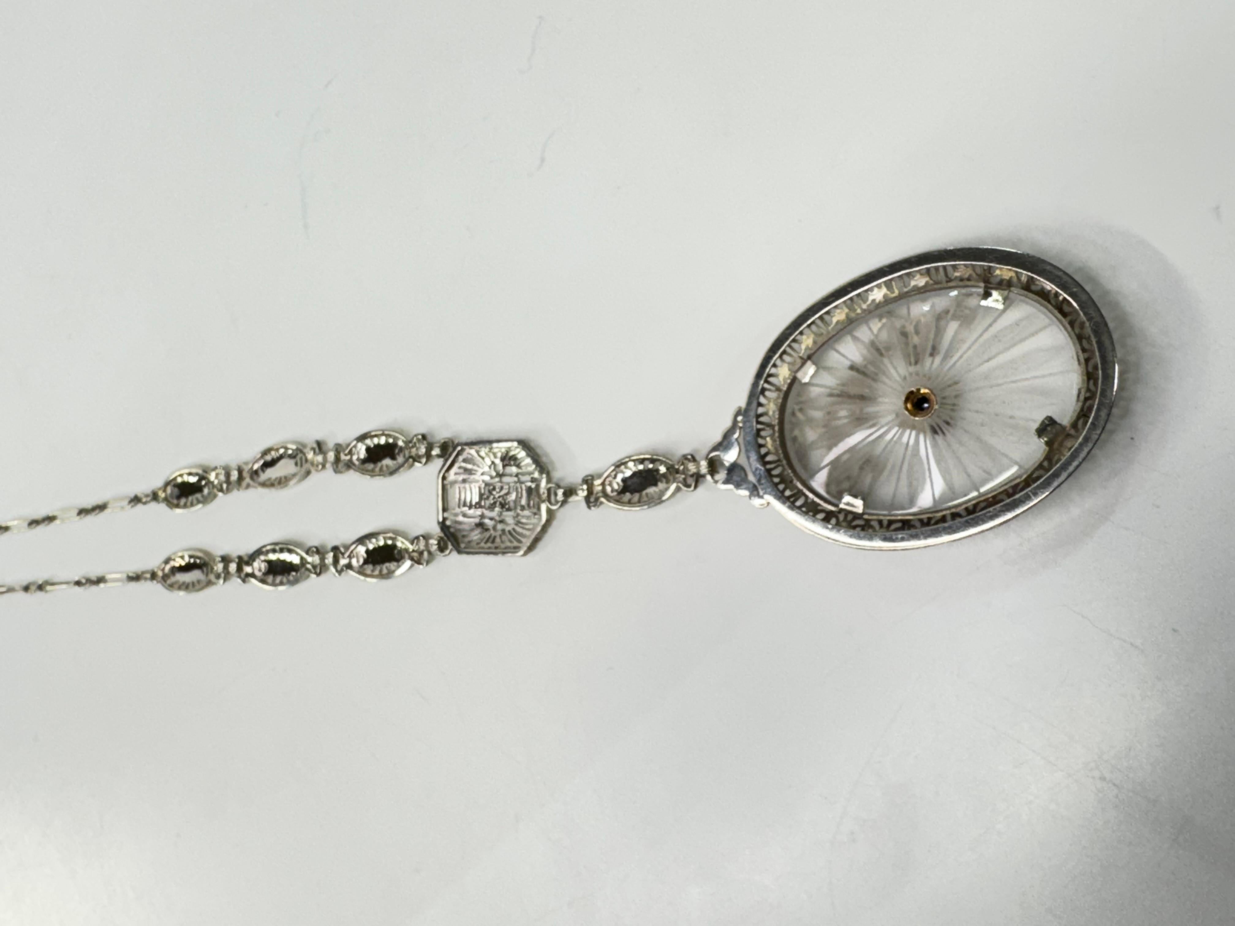 Round Cut Antique Art Deco 14k Gold Camphor Glass Diamond Filigree Link Pendant Necklace For Sale