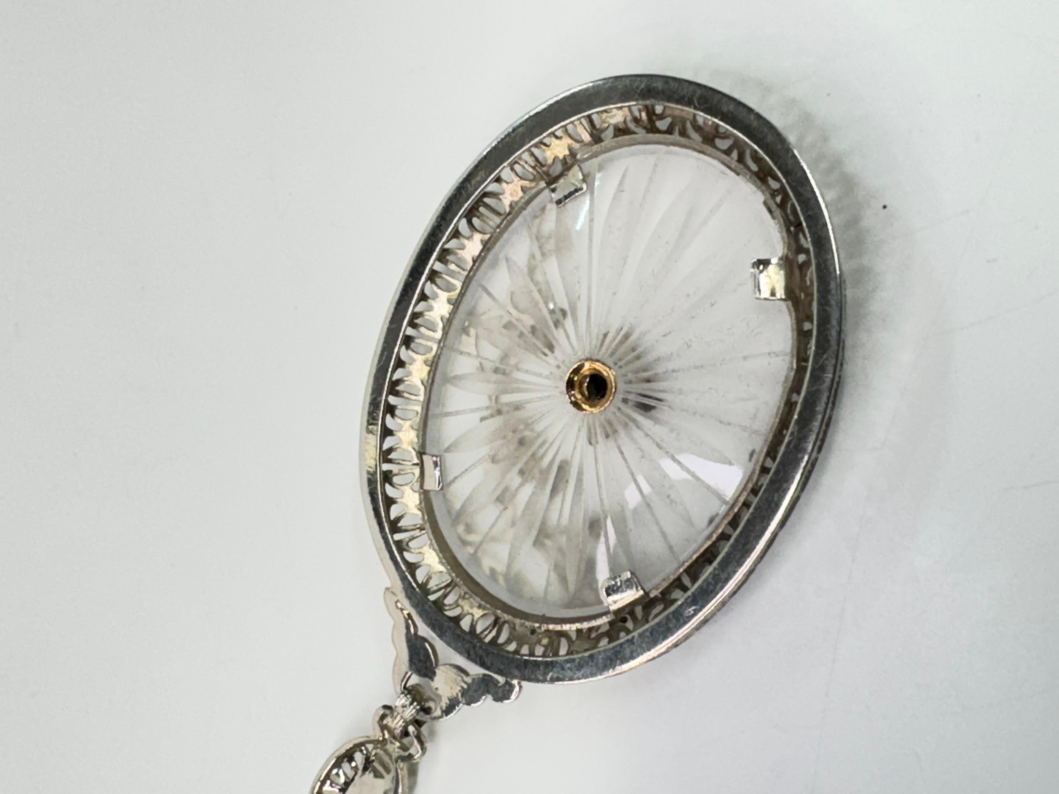 Antique Art Deco 14k Gold Camphor Glass Diamond Filigree Link Pendant Necklace In Good Condition For Sale In Palm Desert, CA