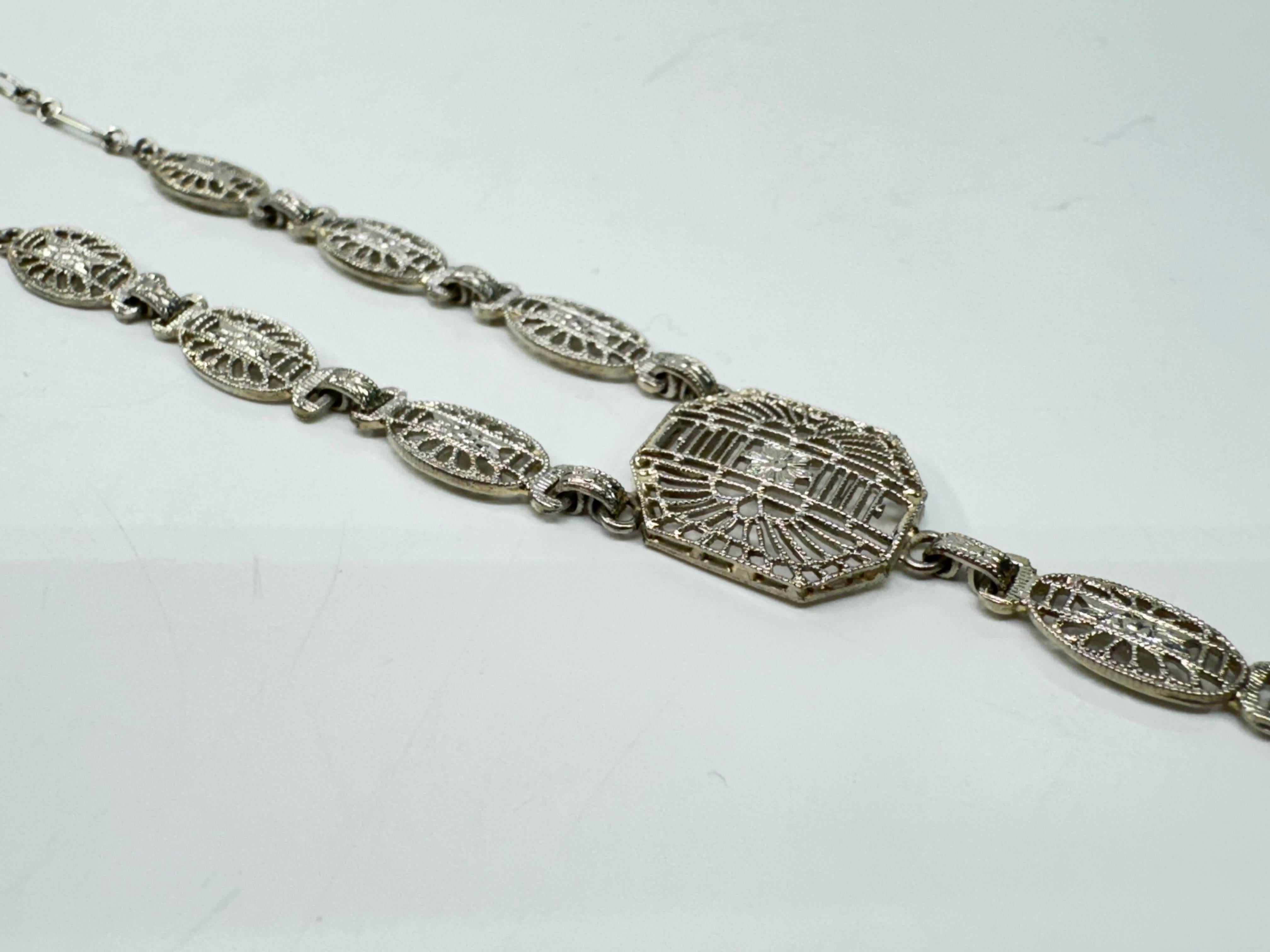 Women's or Men's Antique Art Deco 14k Gold Camphor Glass Diamond Filigree Link Pendant Necklace For Sale