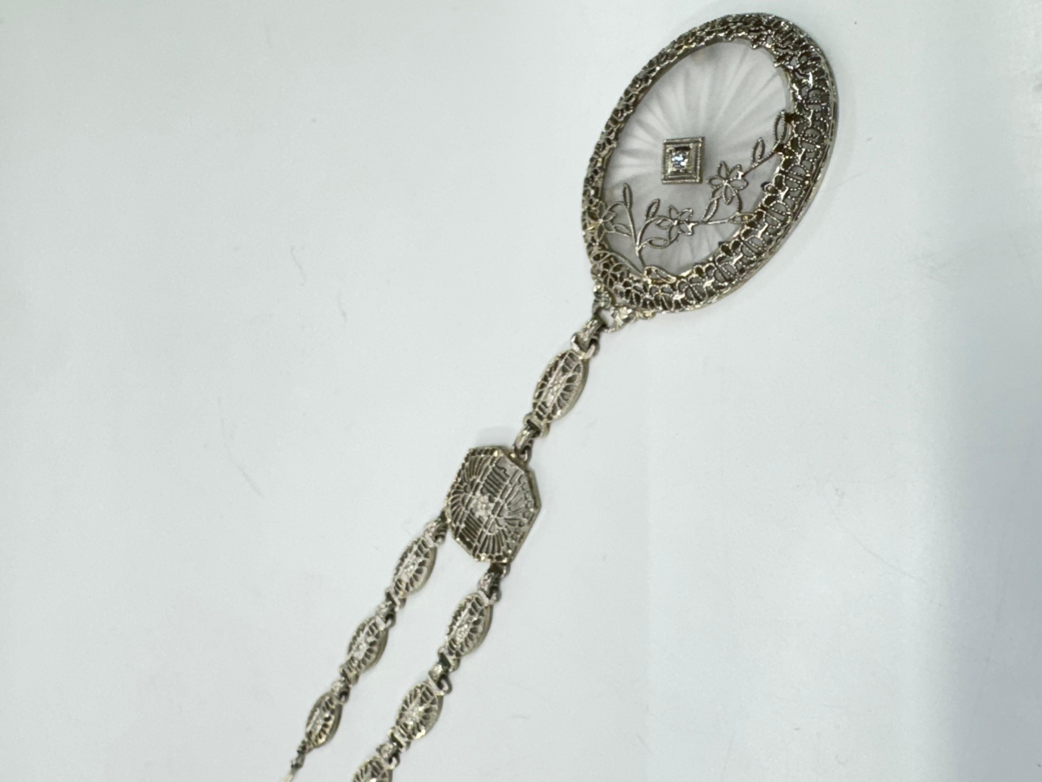 Antique Art Deco 14k Gold Camphor Glass Diamond Filigree Link Pendant Necklace For Sale 1