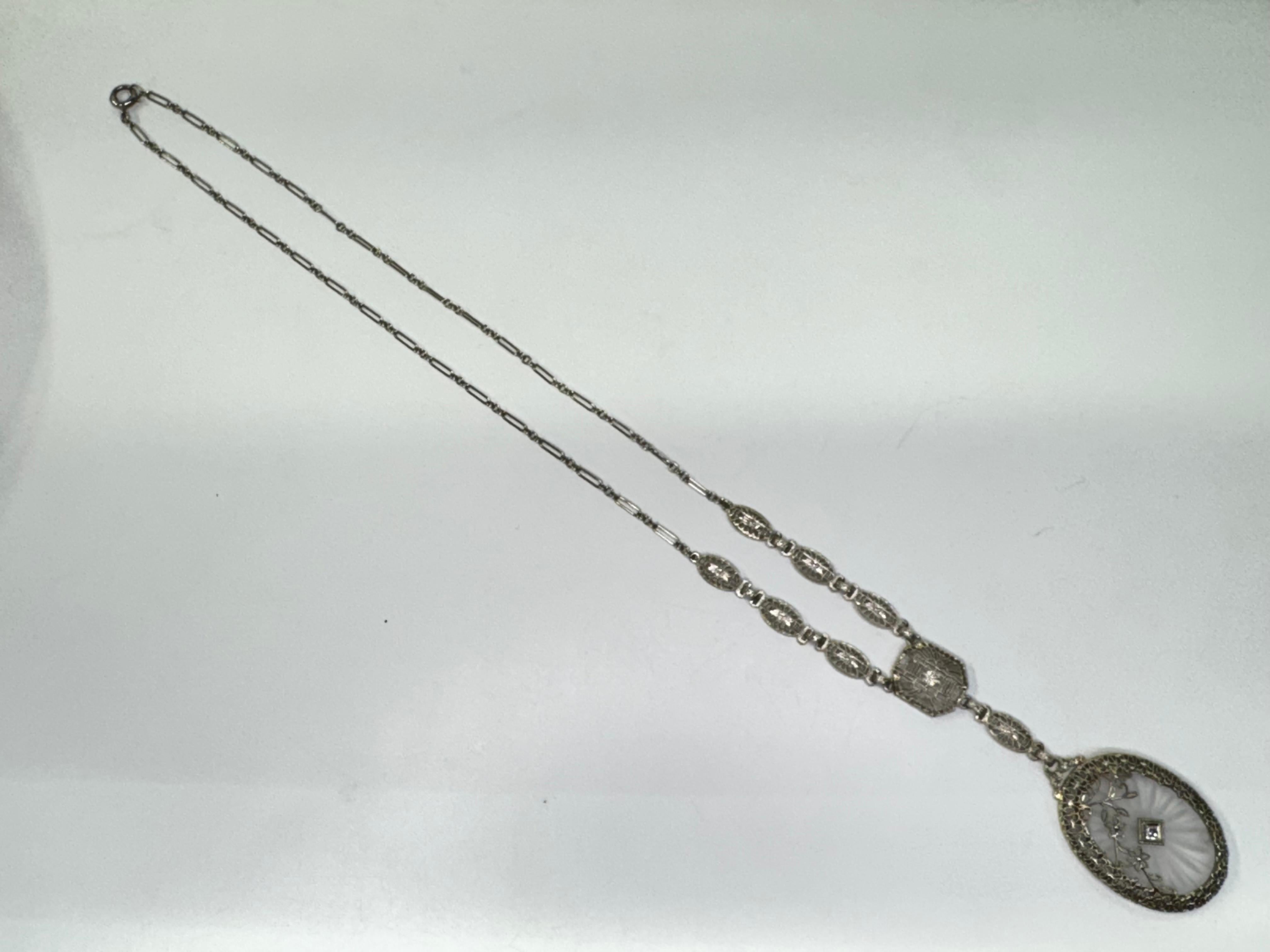 Antique Art Deco 14k Gold Camphor Glass Diamond Filigree Link Pendant Necklace For Sale 3
