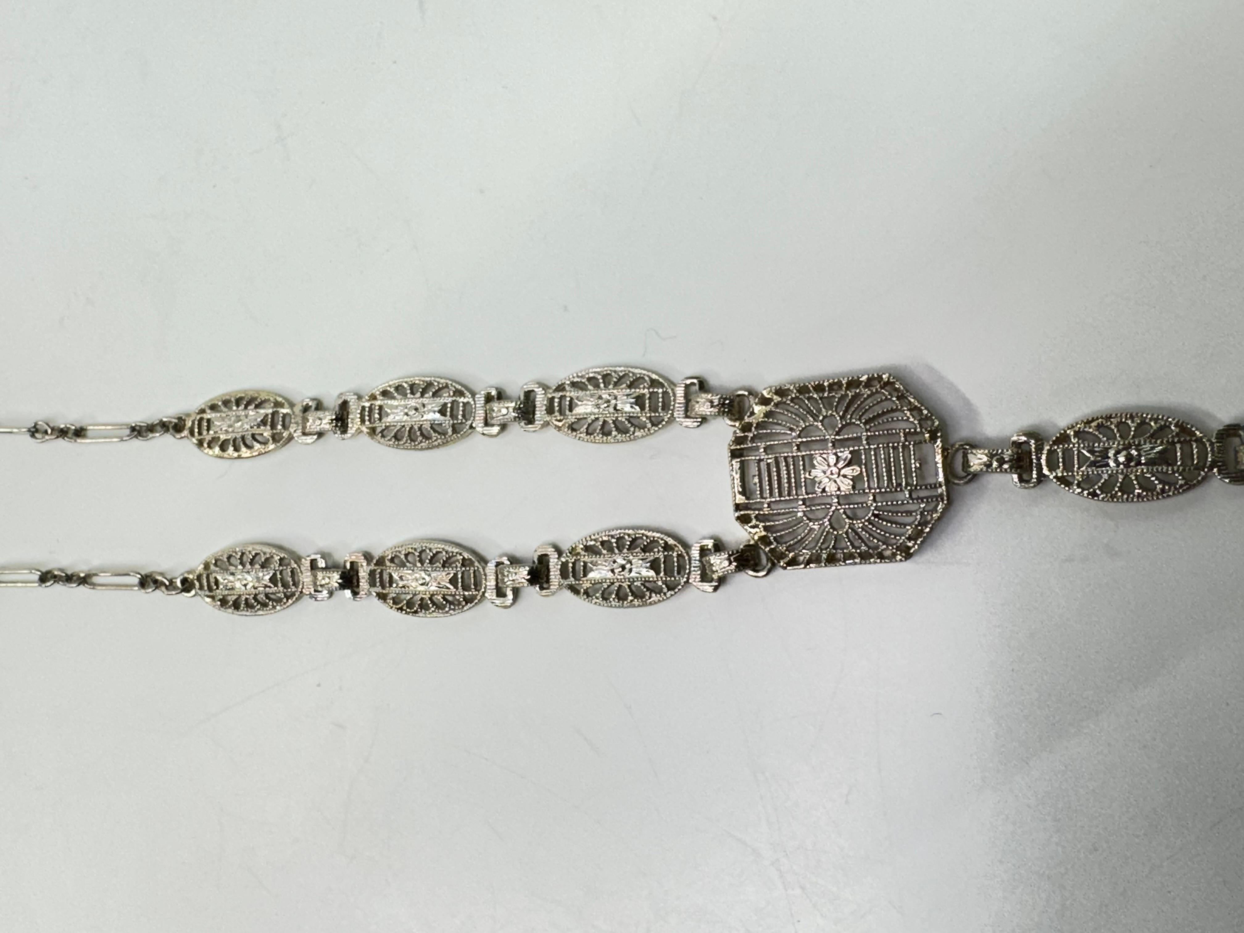 Antique Art Deco 14k Gold Camphor Glass Diamond Filigree Link Pendant Necklace For Sale 4
