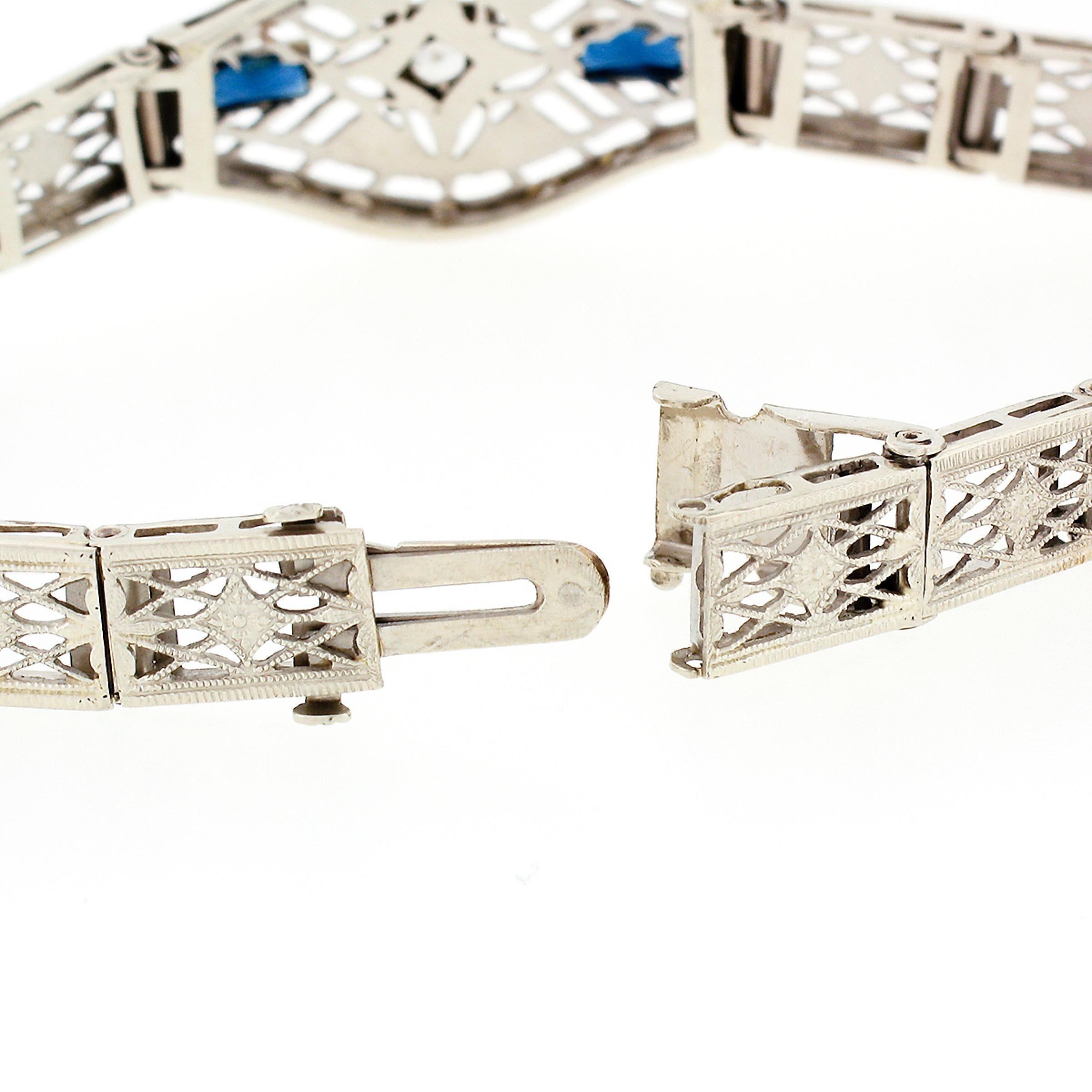 Antikes filigranes Art-Déco-Armband aus 14 Karat Gold mit europäischen Diamanten und Saphiren im Zustand „Gut“ im Angebot in Montclair, NJ
