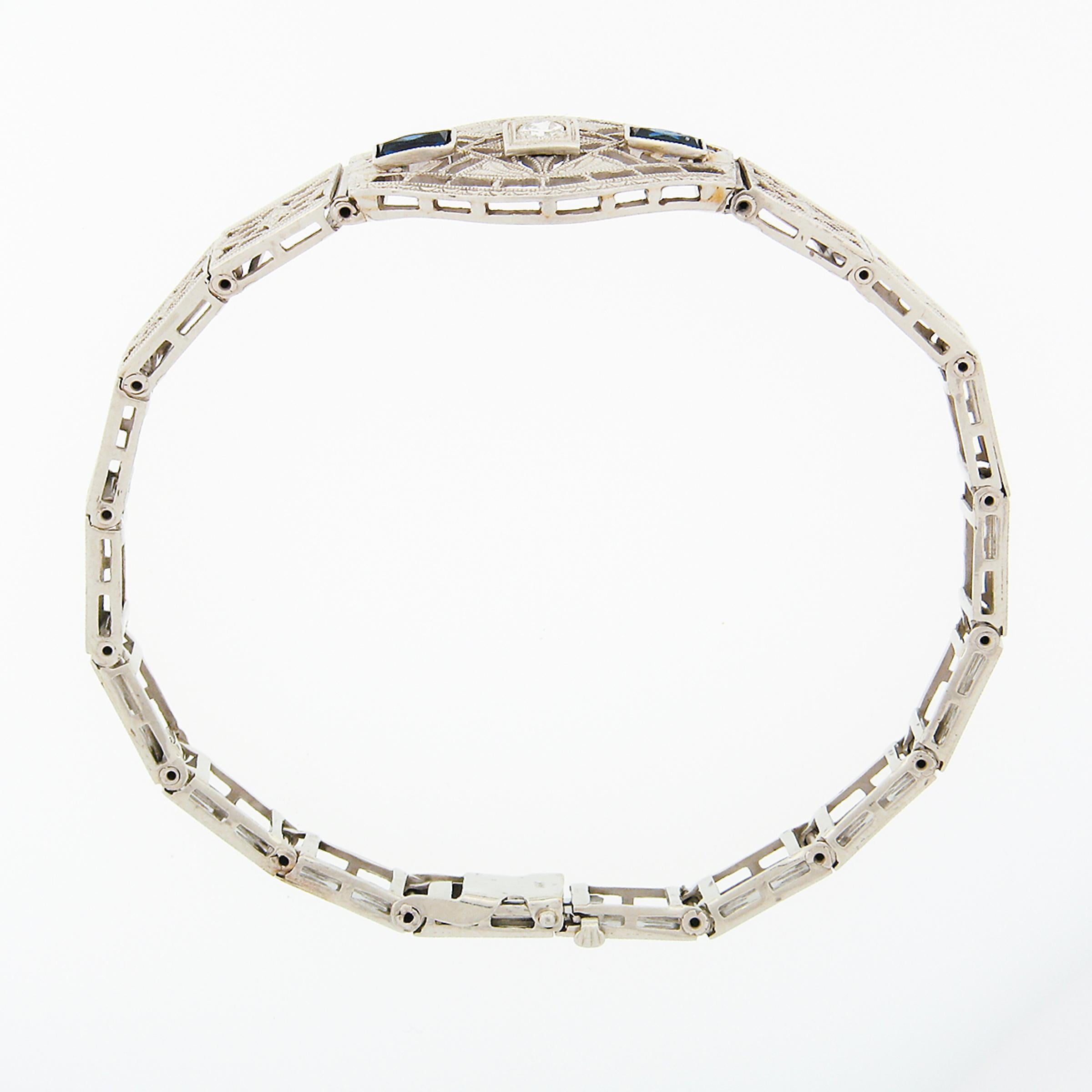 Antikes filigranes Art-Déco-Armband aus 14 Karat Gold mit europäischen Diamanten und Saphiren Damen im Angebot