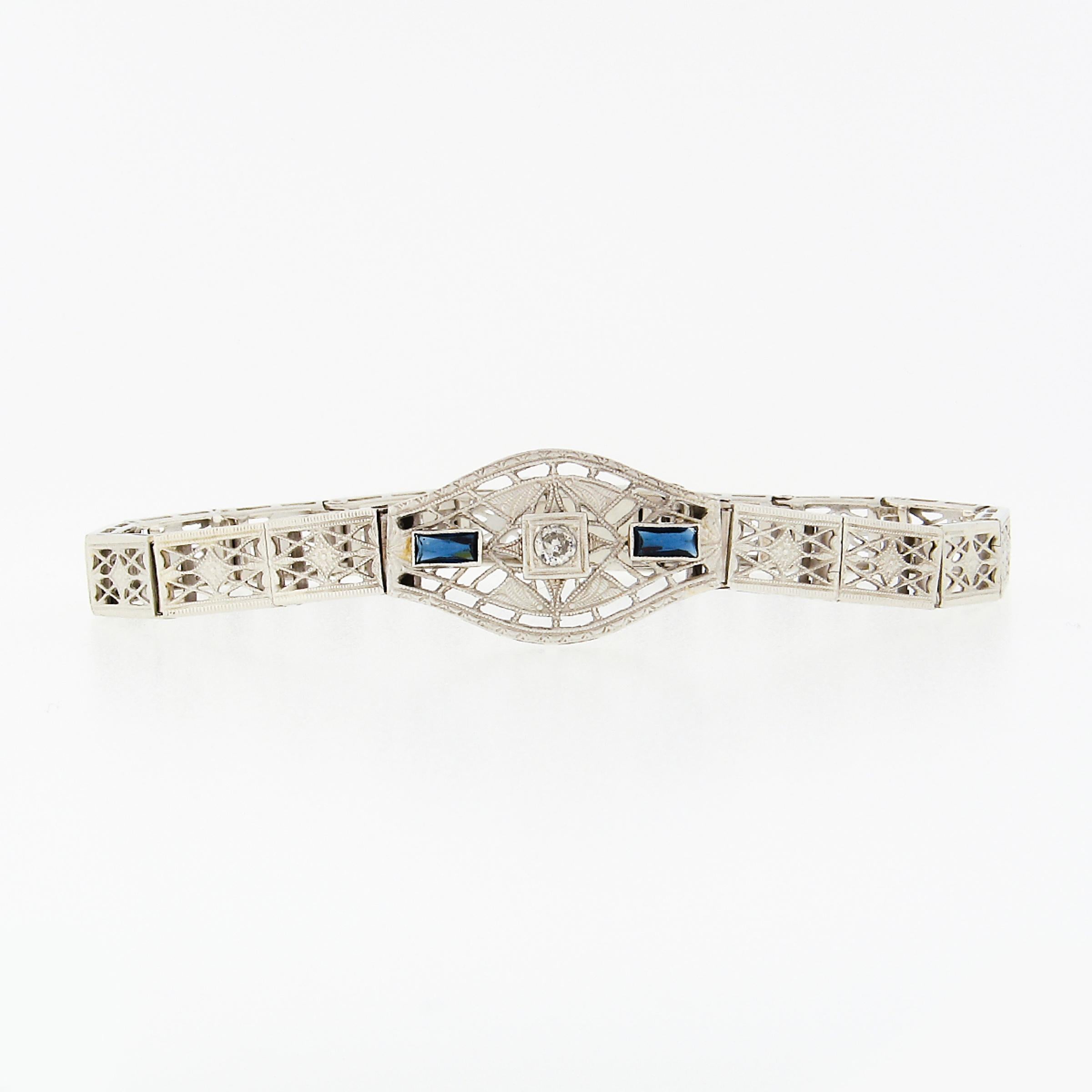 Antique Art Deco 14k Gold European Diamond & Sapphire Belly Filigree Bracelet