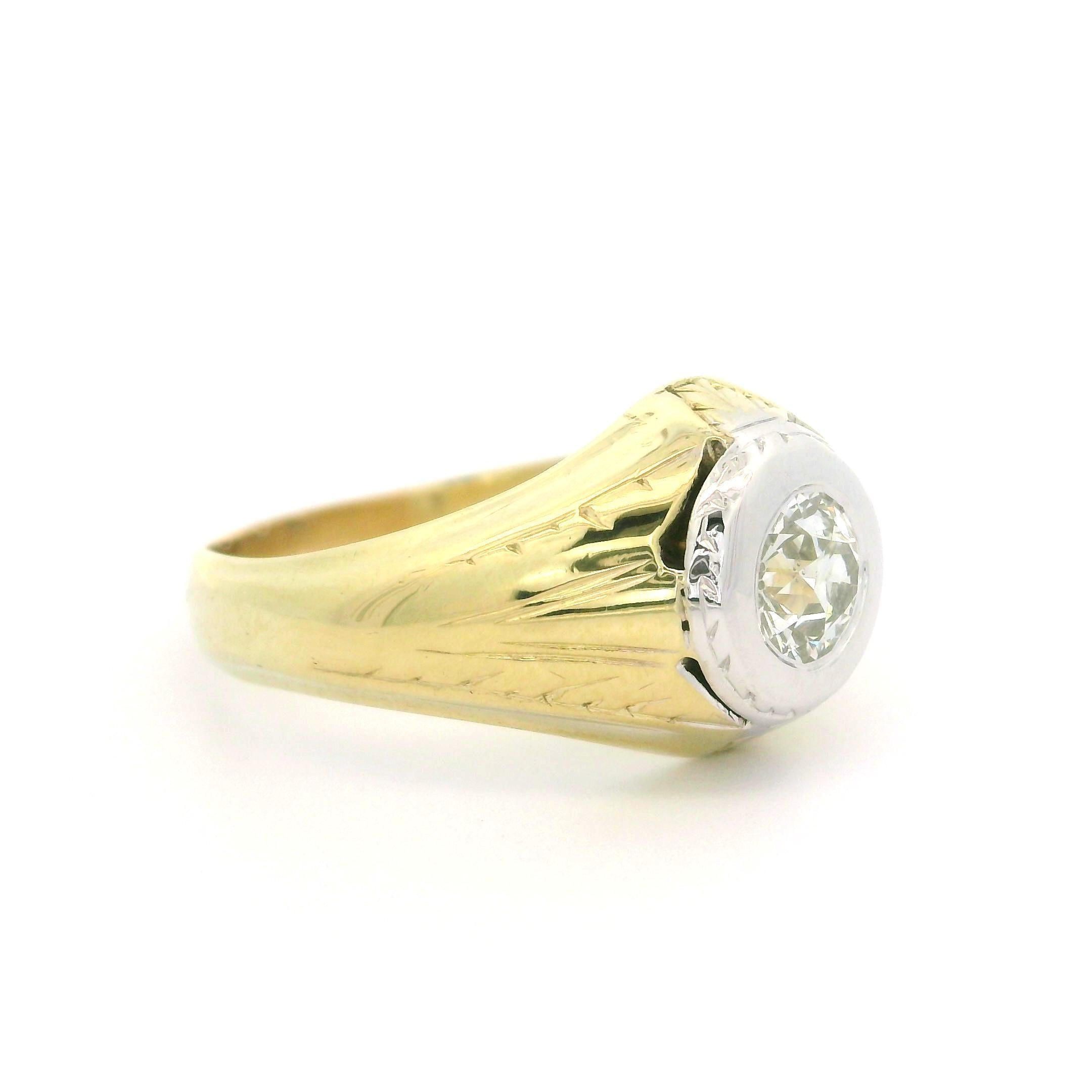 Anillo de hombre antiguo Art Decó de oro de 14k GIA 0,75 ct diamante solitario grabado 7