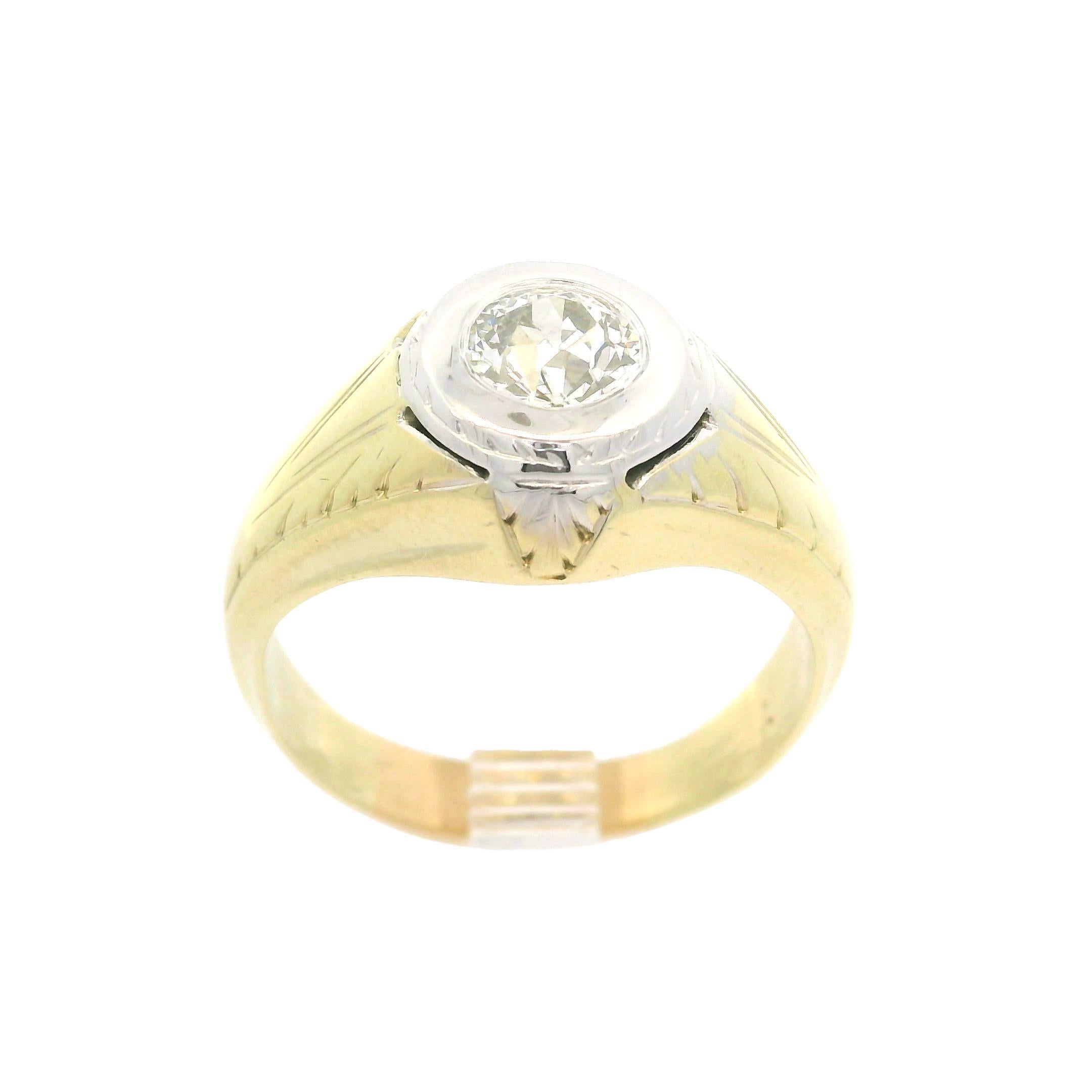 Anillo de hombre antiguo Art Decó de oro de 14k GIA 0,75 ct diamante solitario grabado 8