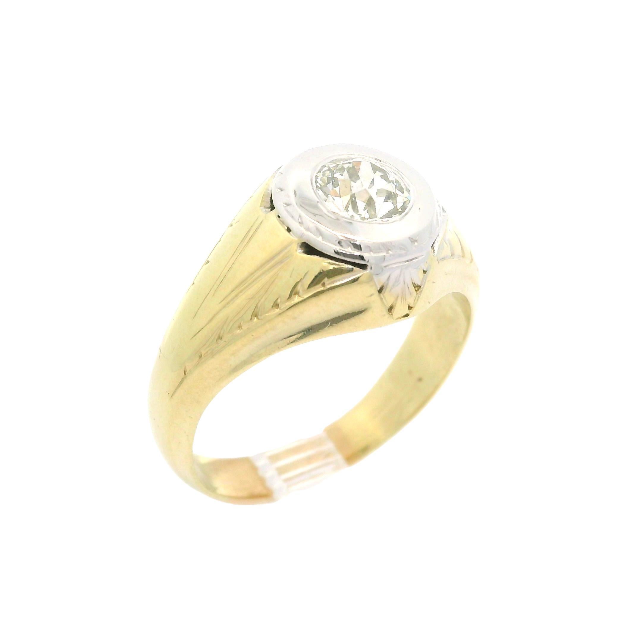 Anillo de hombre antiguo Art Decó de oro de 14k GIA 0,75 ct diamante solitario grabado 9