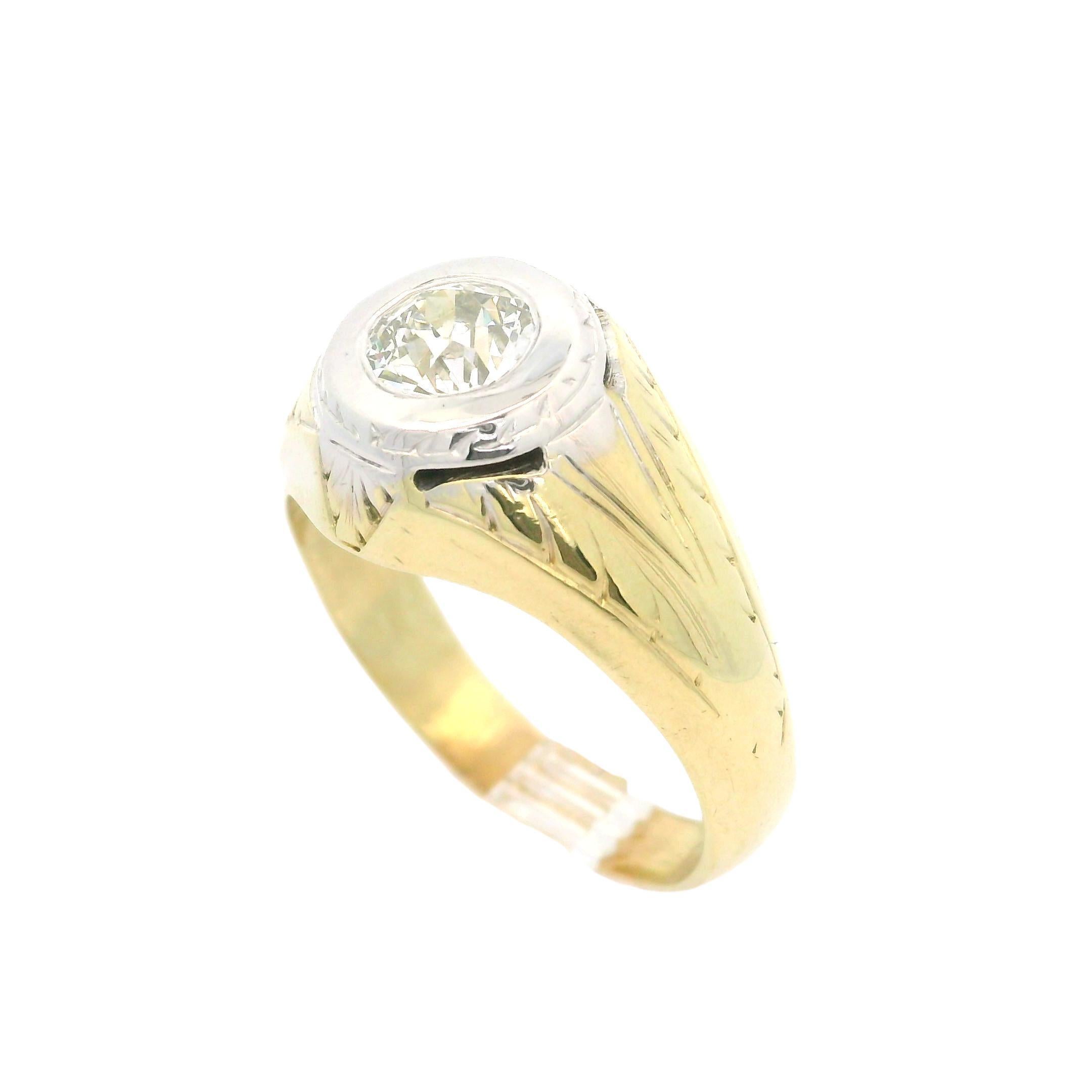 Anillo de hombre antiguo Art Decó de oro de 14k GIA 0,75 ct diamante solitario grabado 10