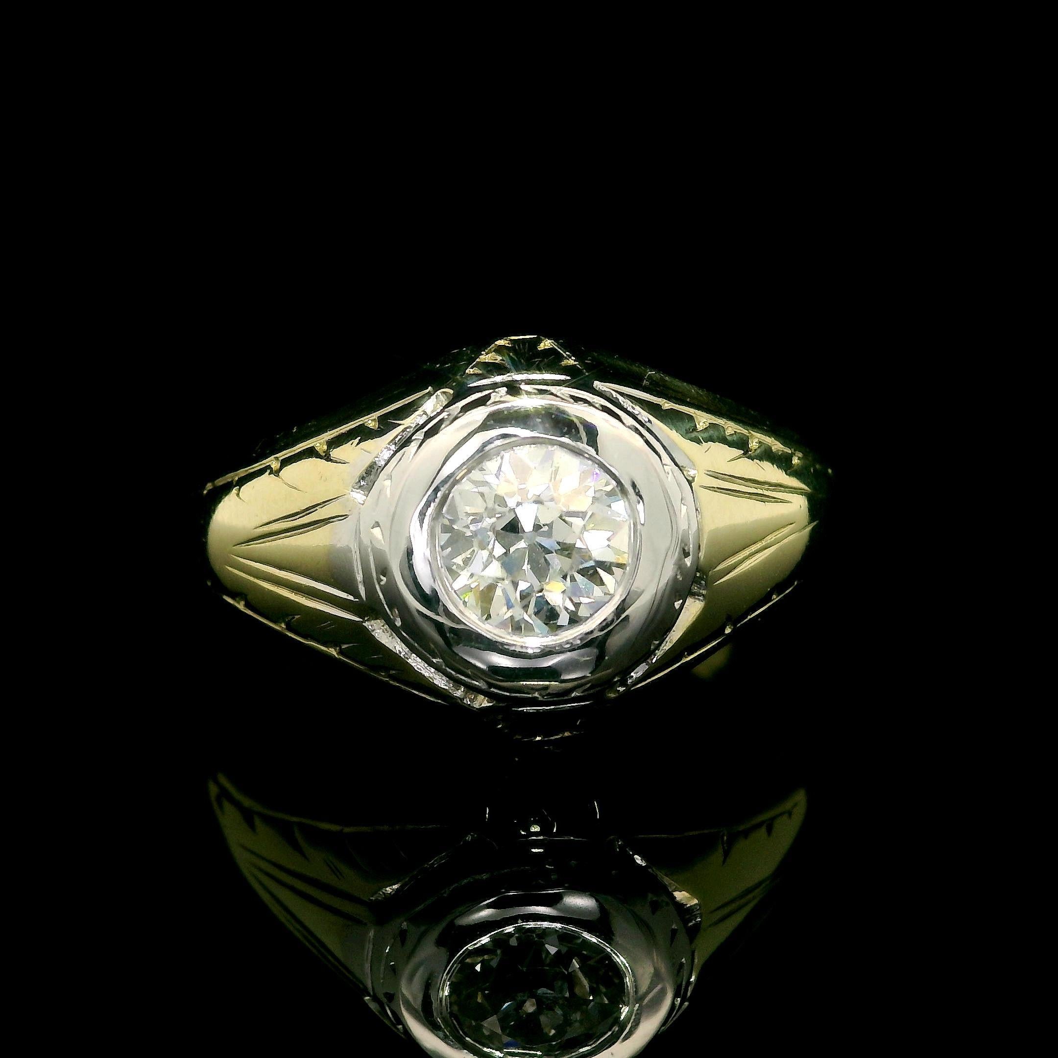 Anillo de hombre antiguo Art Decó de oro de 14k GIA 0,75 ct diamante solitario grabado 11