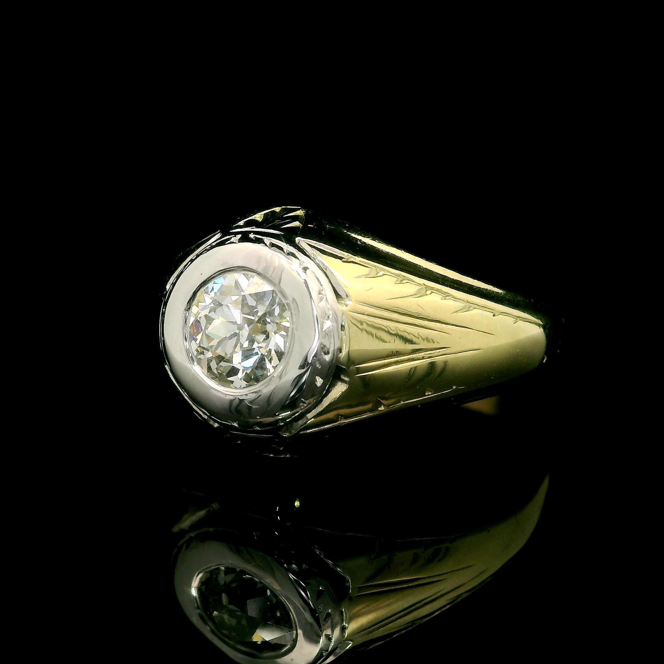 De los hombres Anillo de hombre antiguo Art Decó de oro de 14k GIA 0,75 ct diamante solitario grabado