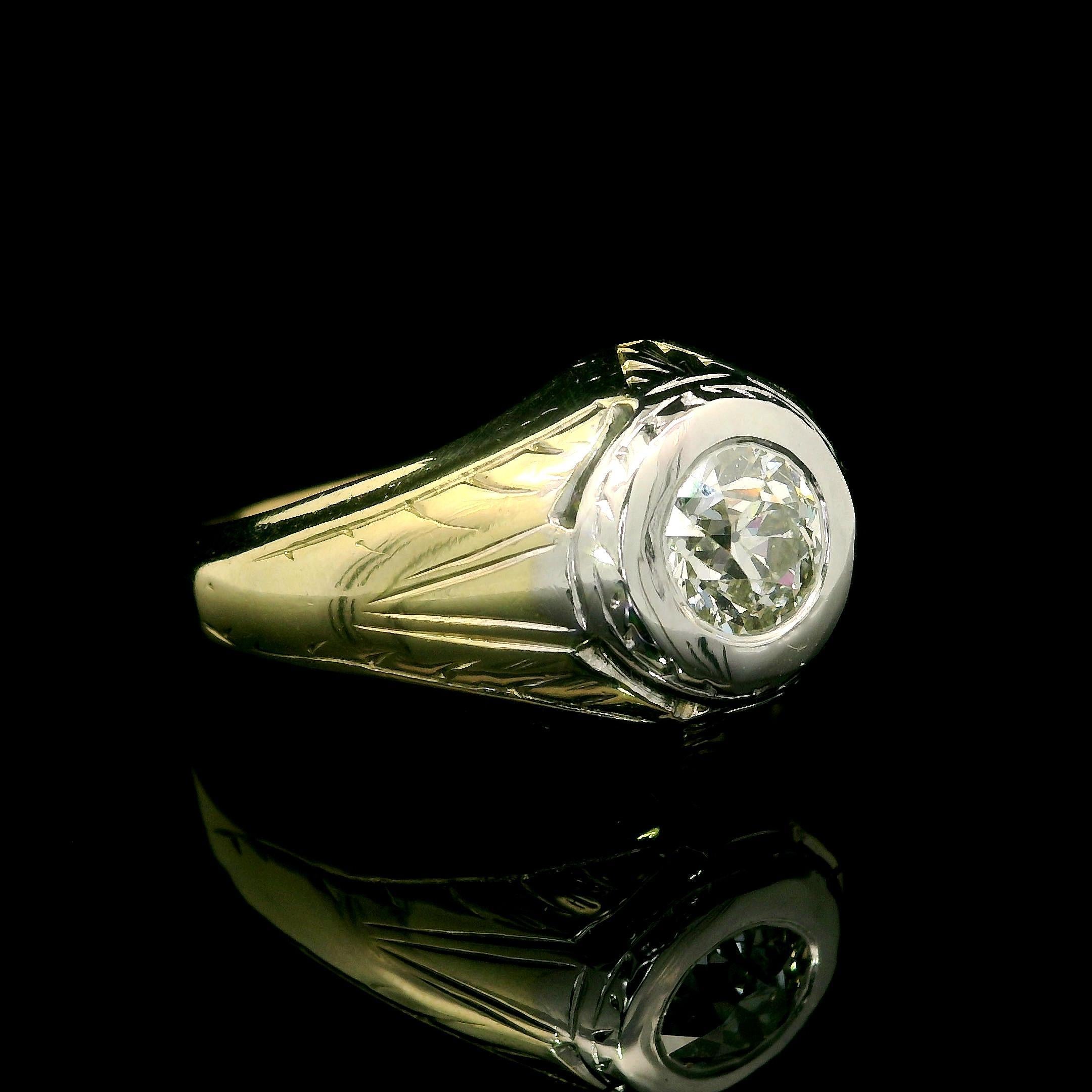 Anillo de hombre antiguo Art Decó de oro de 14k GIA 0,75 ct diamante solitario grabado 1