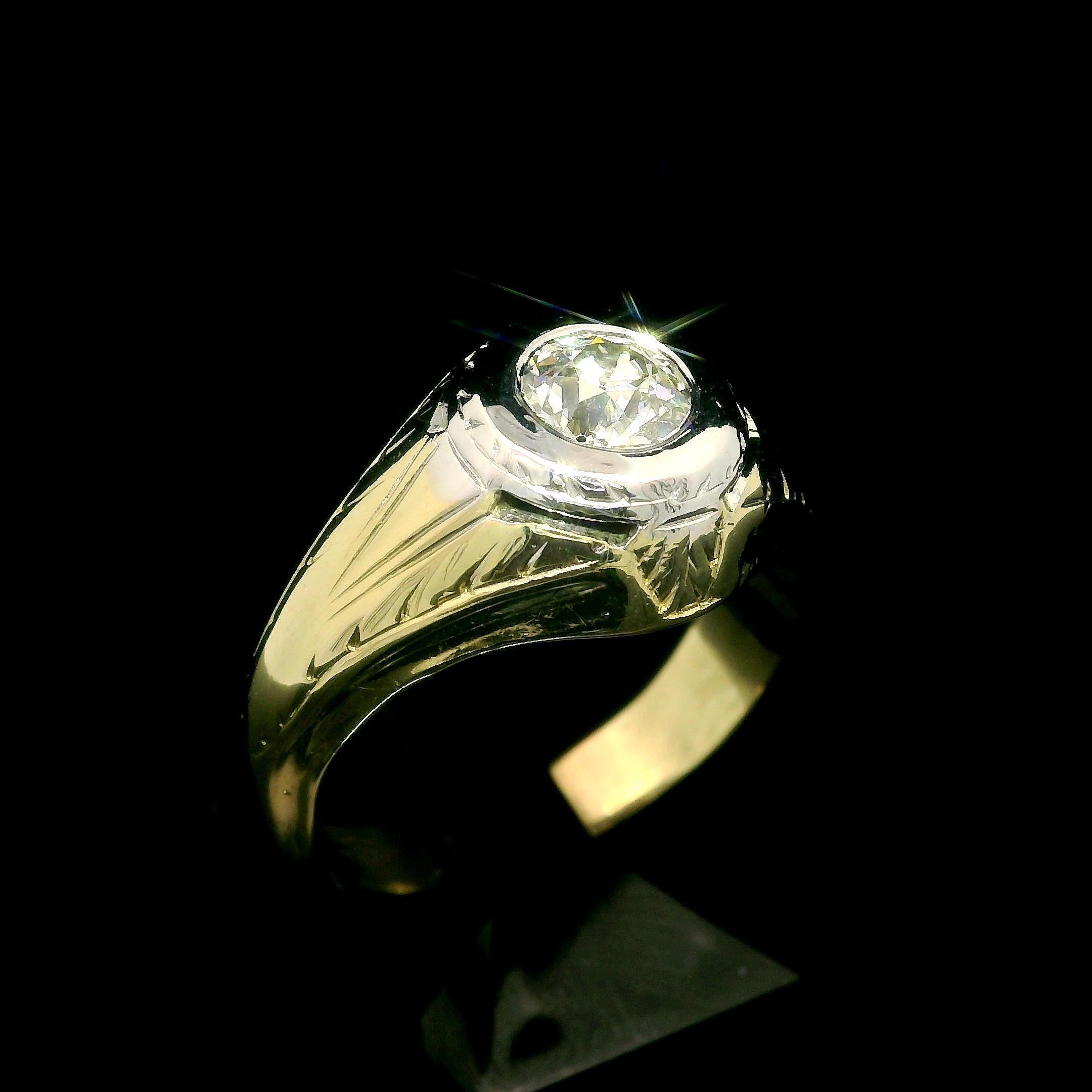 Anillo de hombre antiguo Art Decó de oro de 14k GIA 0,75 ct diamante solitario grabado 2
