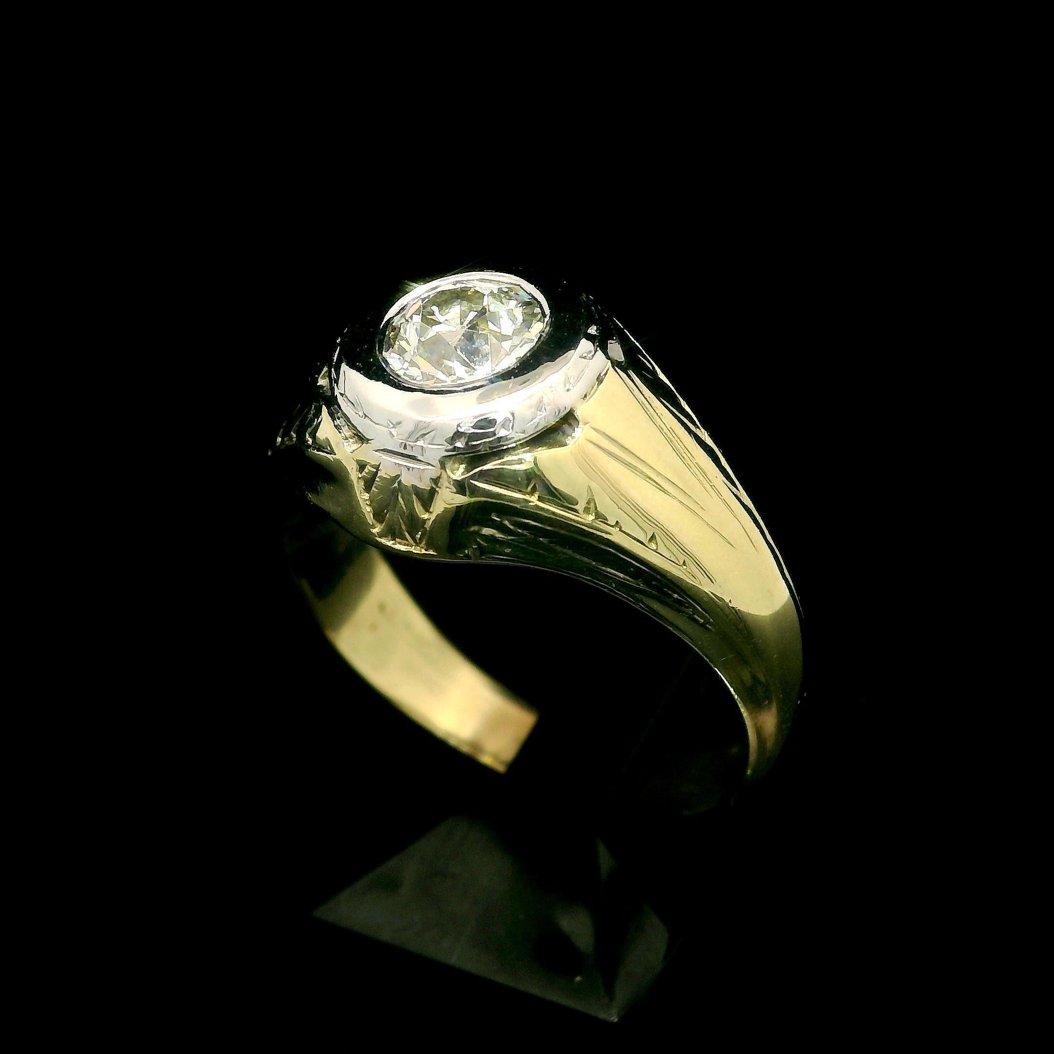 Anillo de hombre antiguo Art Decó de oro de 14k GIA 0,75 ct diamante solitario grabado 3