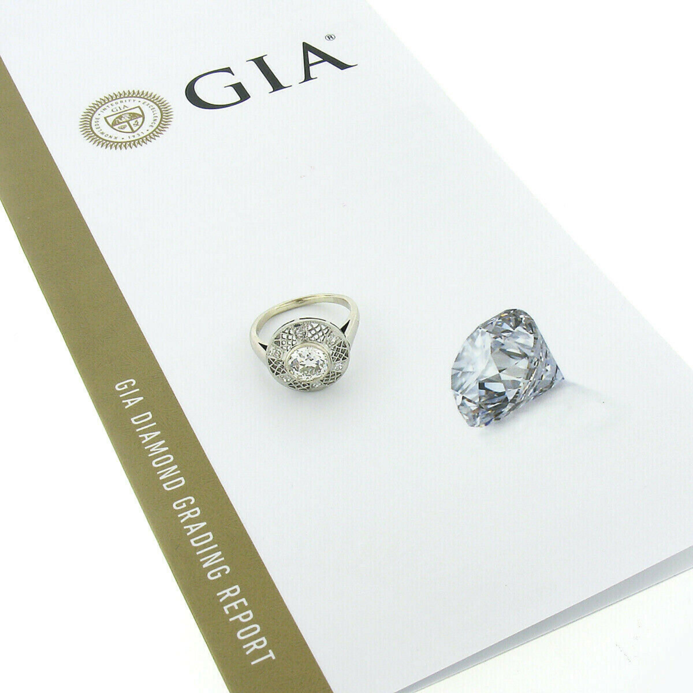 Bague de fiançailles Art déco ancienne en or 14 carats avec filigrane ouvert et diamants européens anciens certifiés GIA en vente 5