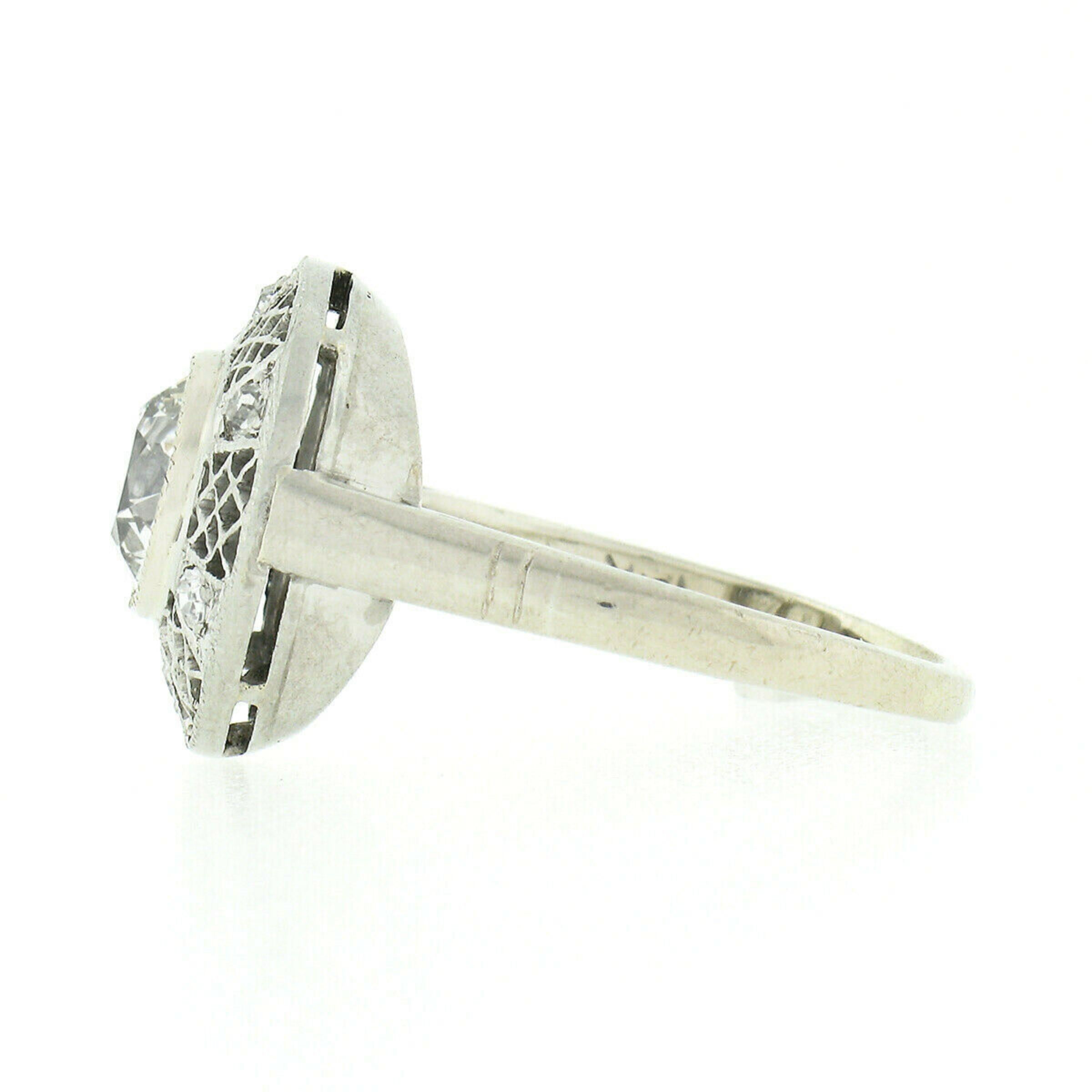 Antique Art Deco 14k Gold GIA Old European Diamond Open Filigree Engagement Ring For Sale 1