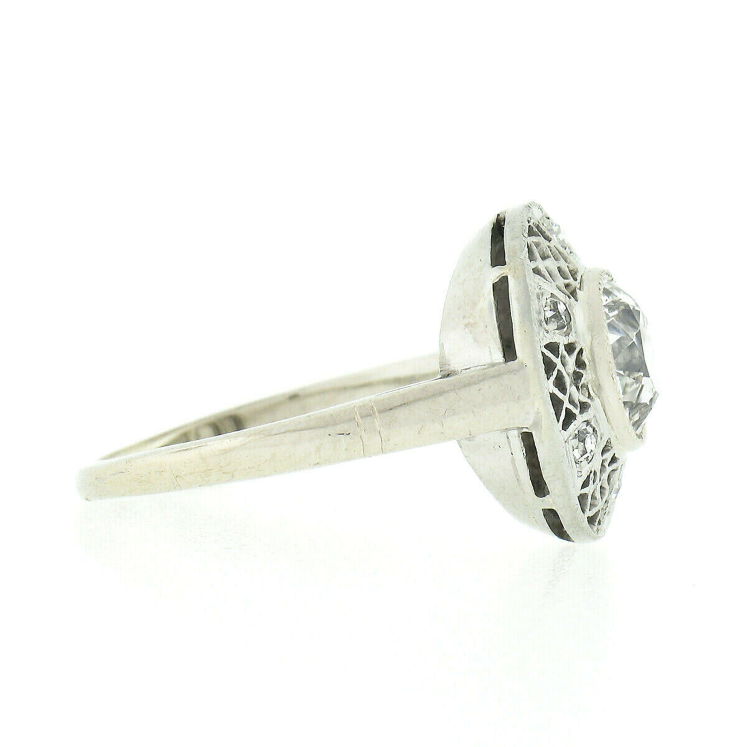 Antique Art Deco 14k Gold GIA Old European Diamond Open Filigree Engagement Ring For Sale 2