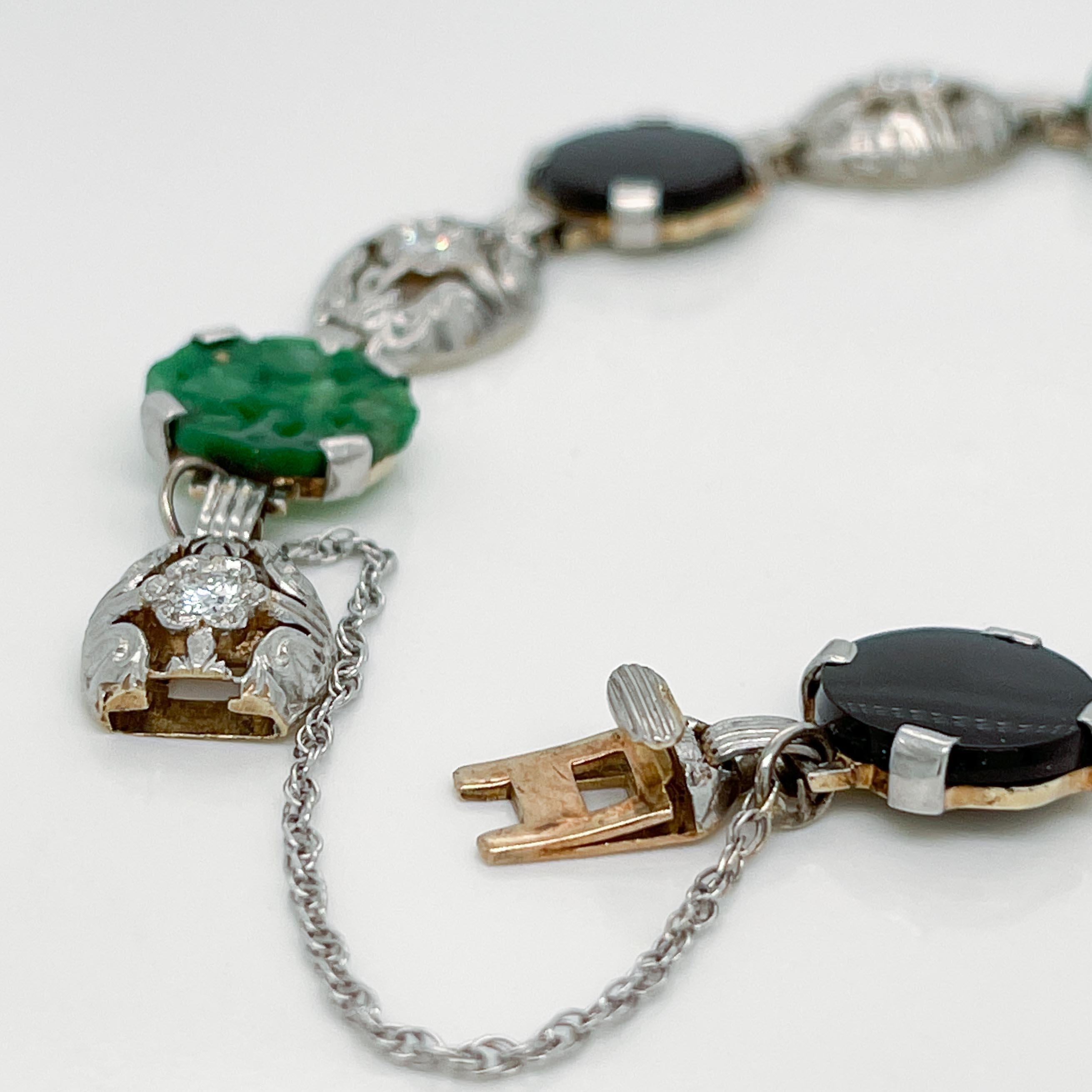 Antique Art Deco 14k Gold & Green Jade, Onyx, & Diamond Link Bracelet For Sale 2