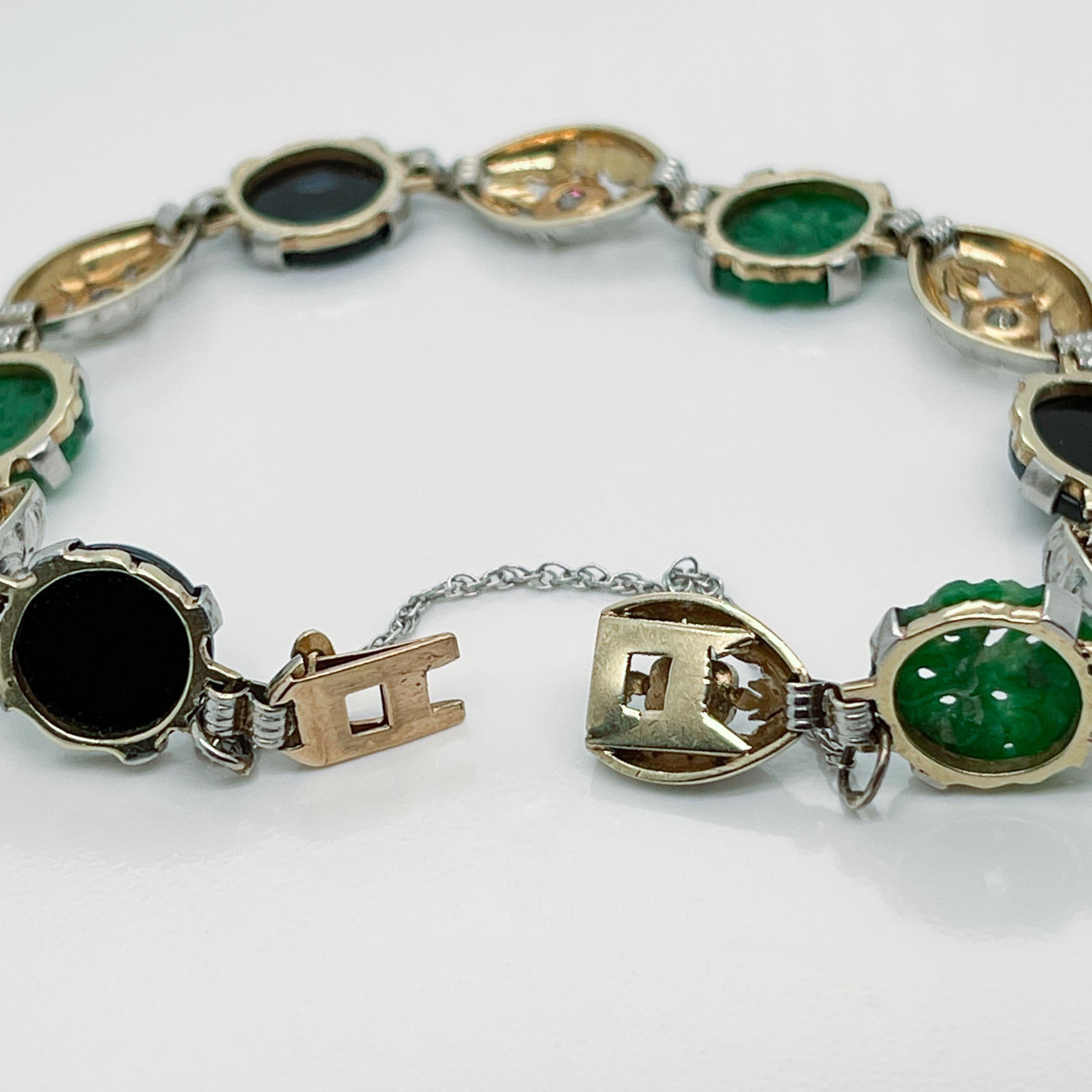 Antique Art Deco 14k Gold & Green Jade, Onyx, & Diamond Link Bracelet For Sale 3