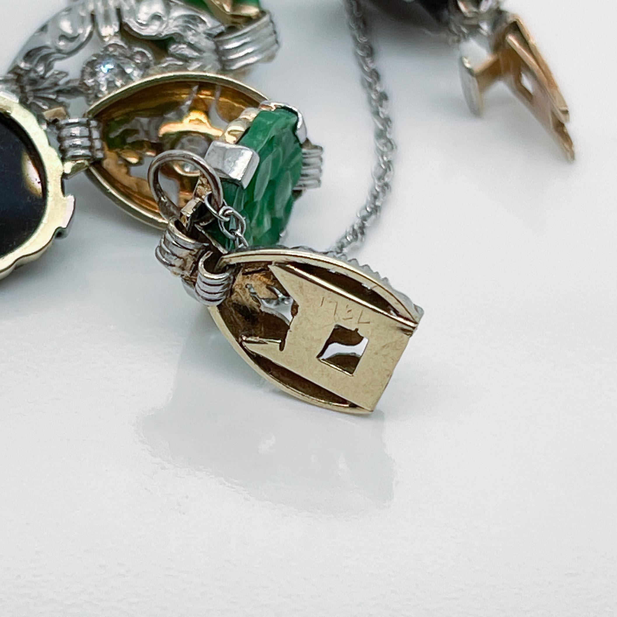 Antique Art Deco 14k Gold & Green Jade, Onyx, & Diamond Link Bracelet For Sale 4